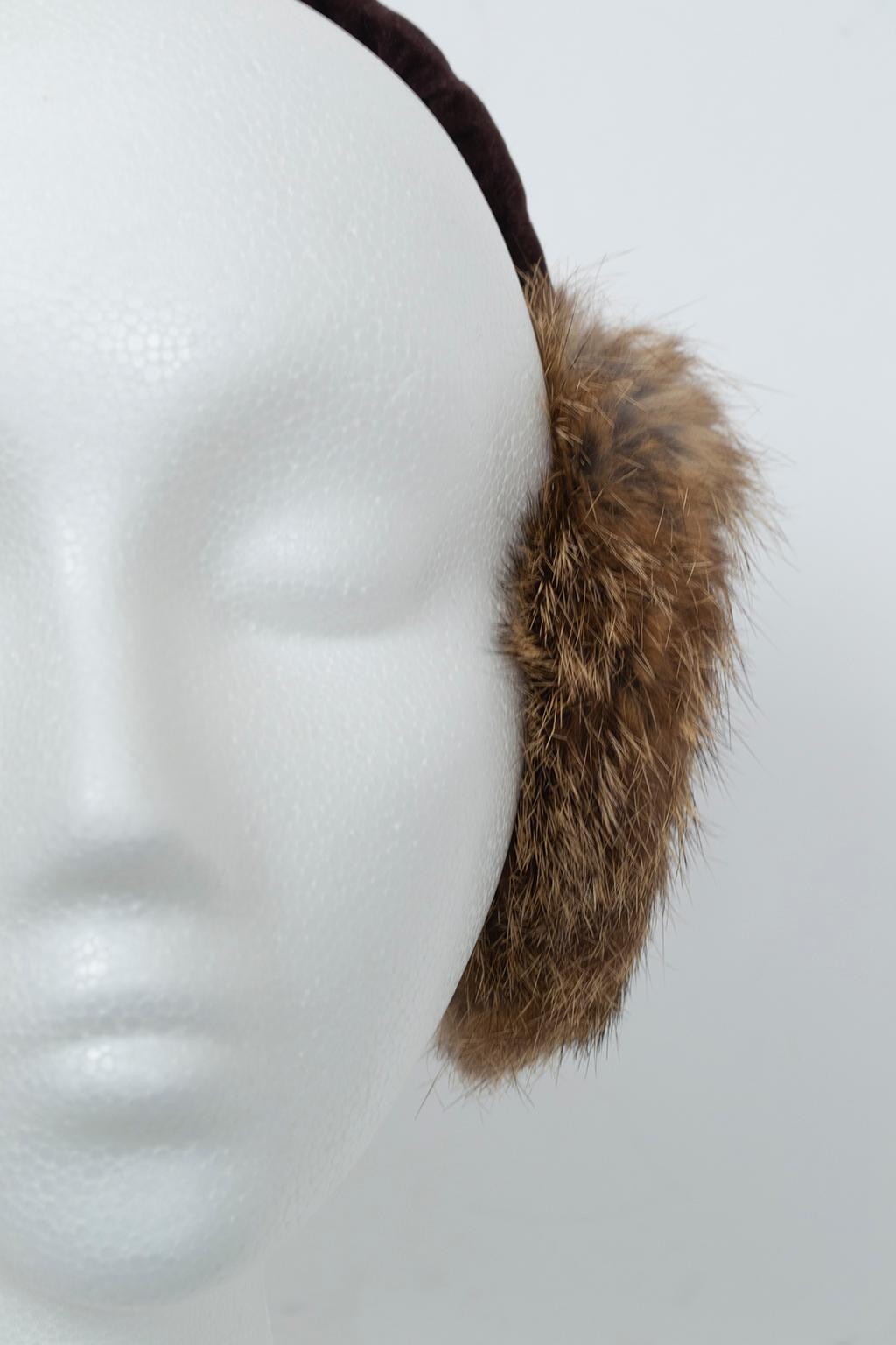 Gray Plush Taupe Fox Fur Earmuffs with Brown Velvet Headband - One Size, 1960s