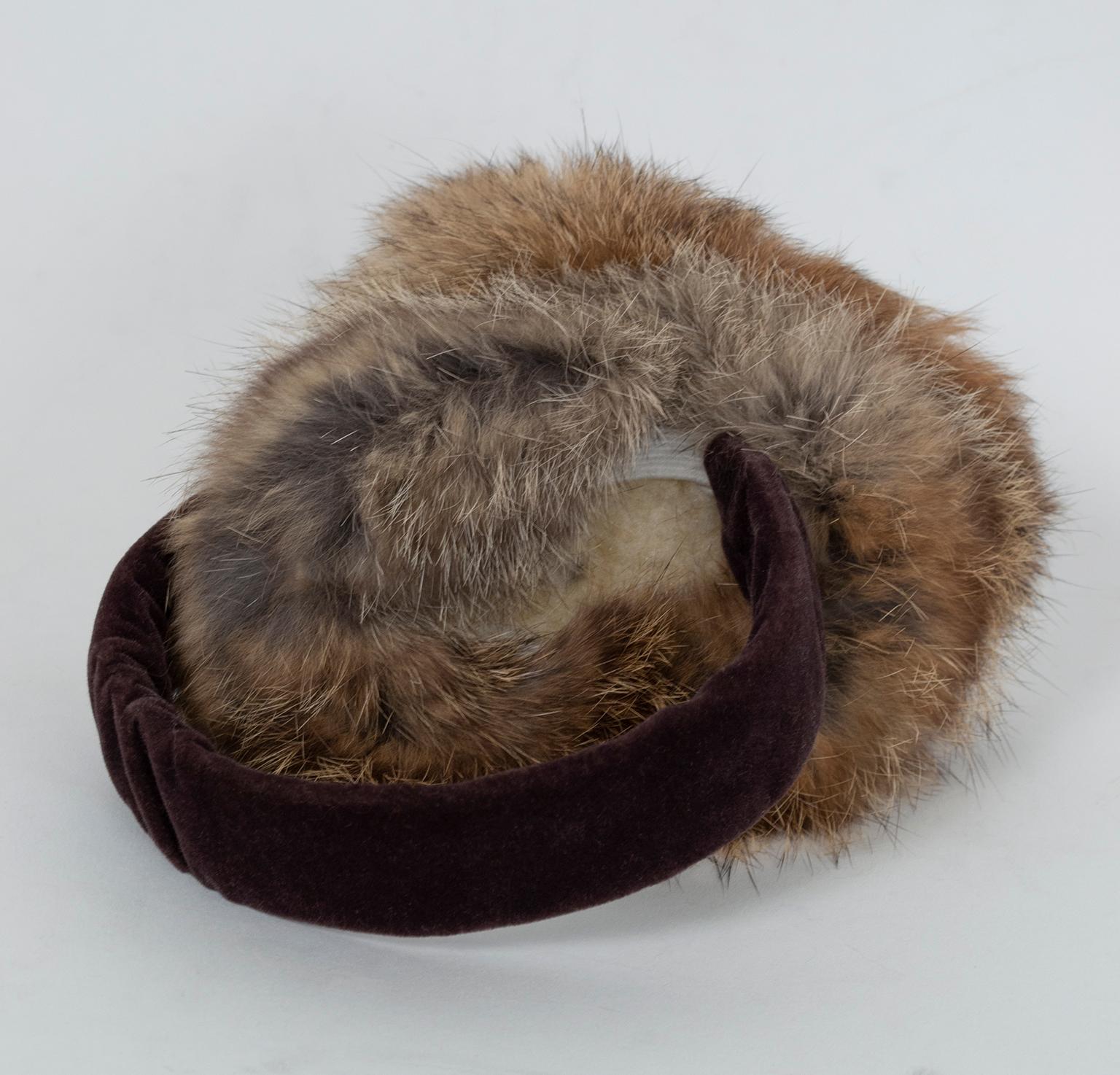 Plush Taupe Fox Fur Earmuffs with Brown Velvet Headband - One Size, 1960s In Good Condition In Tucson, AZ