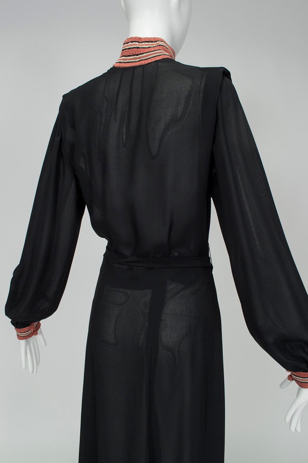 Women's Black Crêpe Shirtwaist Dress w Coral Ottoman Crochet Mandarin Placket - M, 1940s For Sale