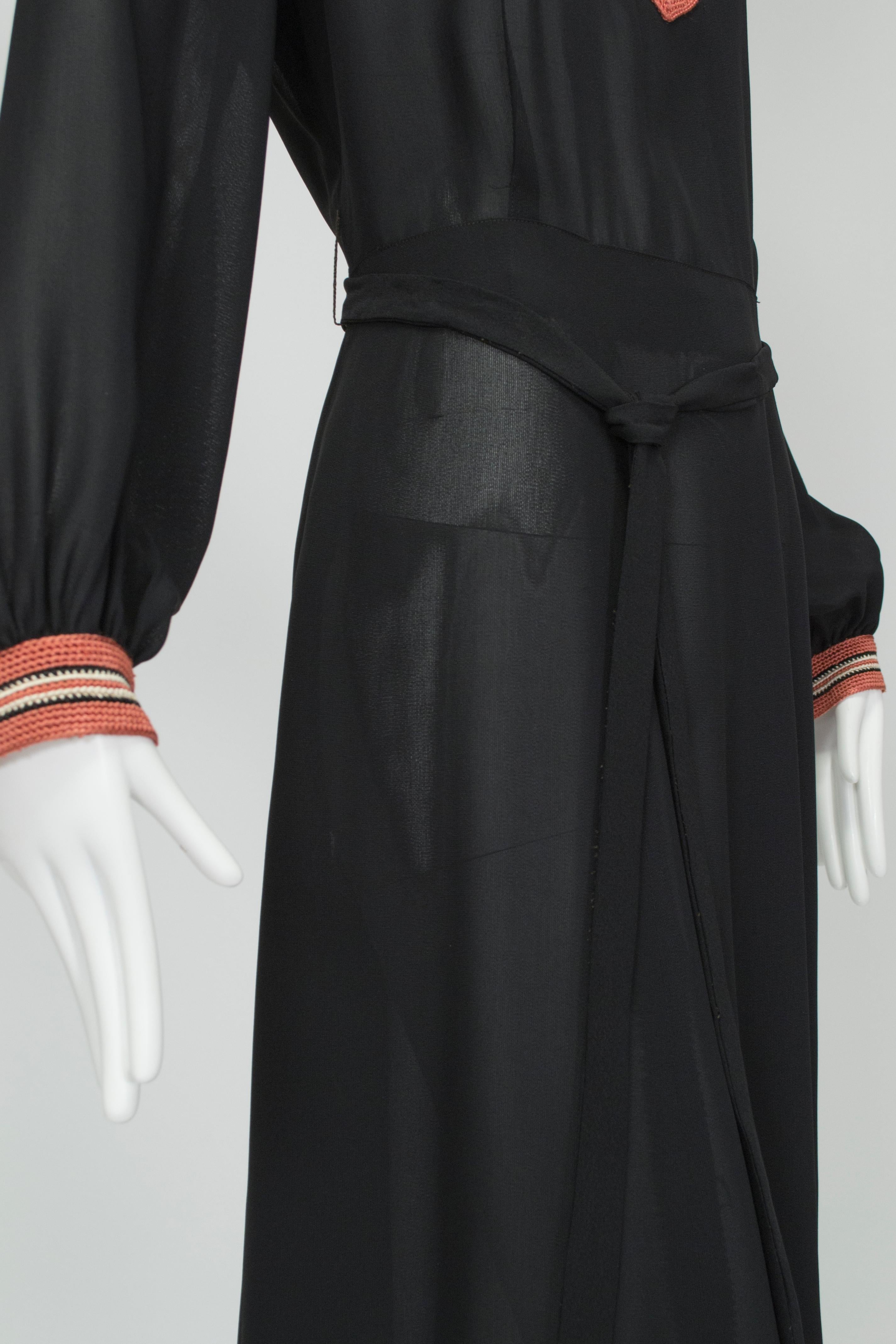 Black Crêpe Shirtwaist Dress w Coral Ottoman Crochet Mandarin Placket - M, 1940s For Sale 2