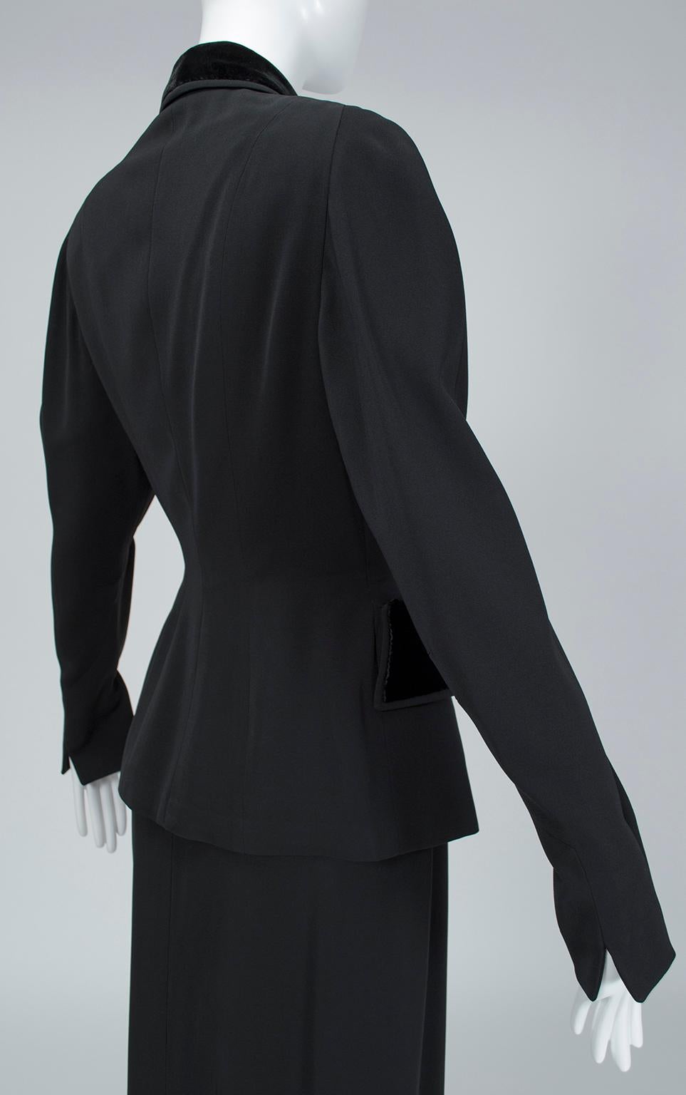 Black Velvet and Gabardine Asymmetrical Button Midi Skirt Pencil Suit-M-L, 1940s In Excellent Condition For Sale In Tucson, AZ