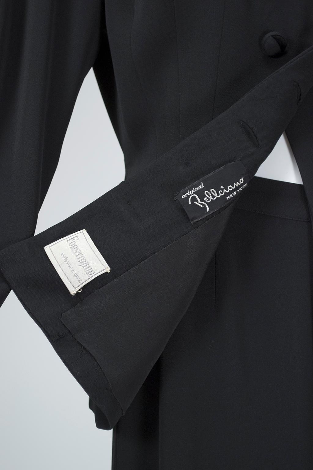 Black Velvet and Gabardine Asymmetrical Button Midi Skirt Pencil Suit-M-L, 1940s For Sale 1