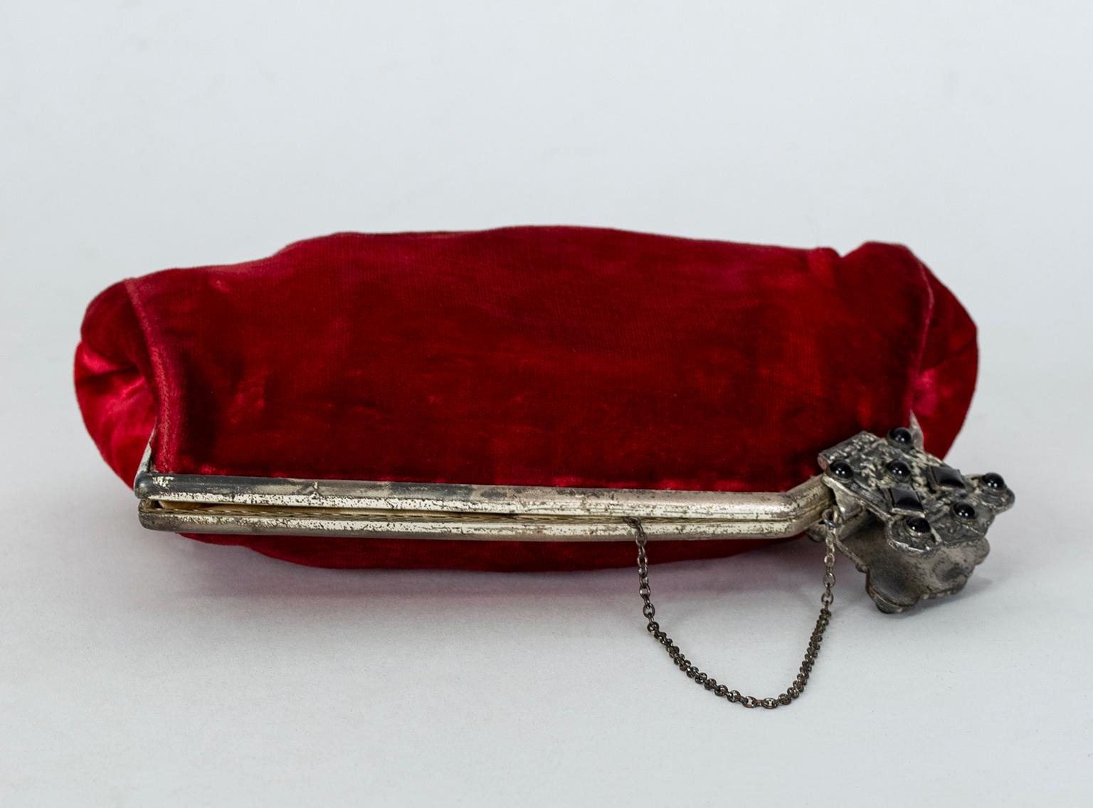 Women's Red Velvet Evening Clutch with Onyx Closure and Chained Mirror, 1950s
