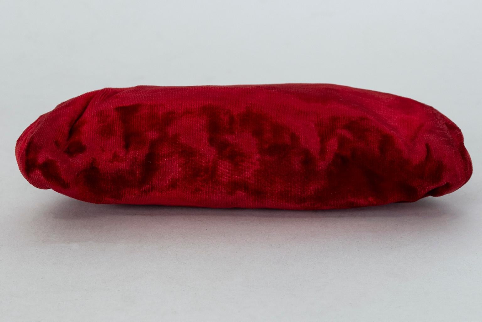 Red Velvet Evening Clutch with Onyx Closure and Chained Mirror, 1950s 1