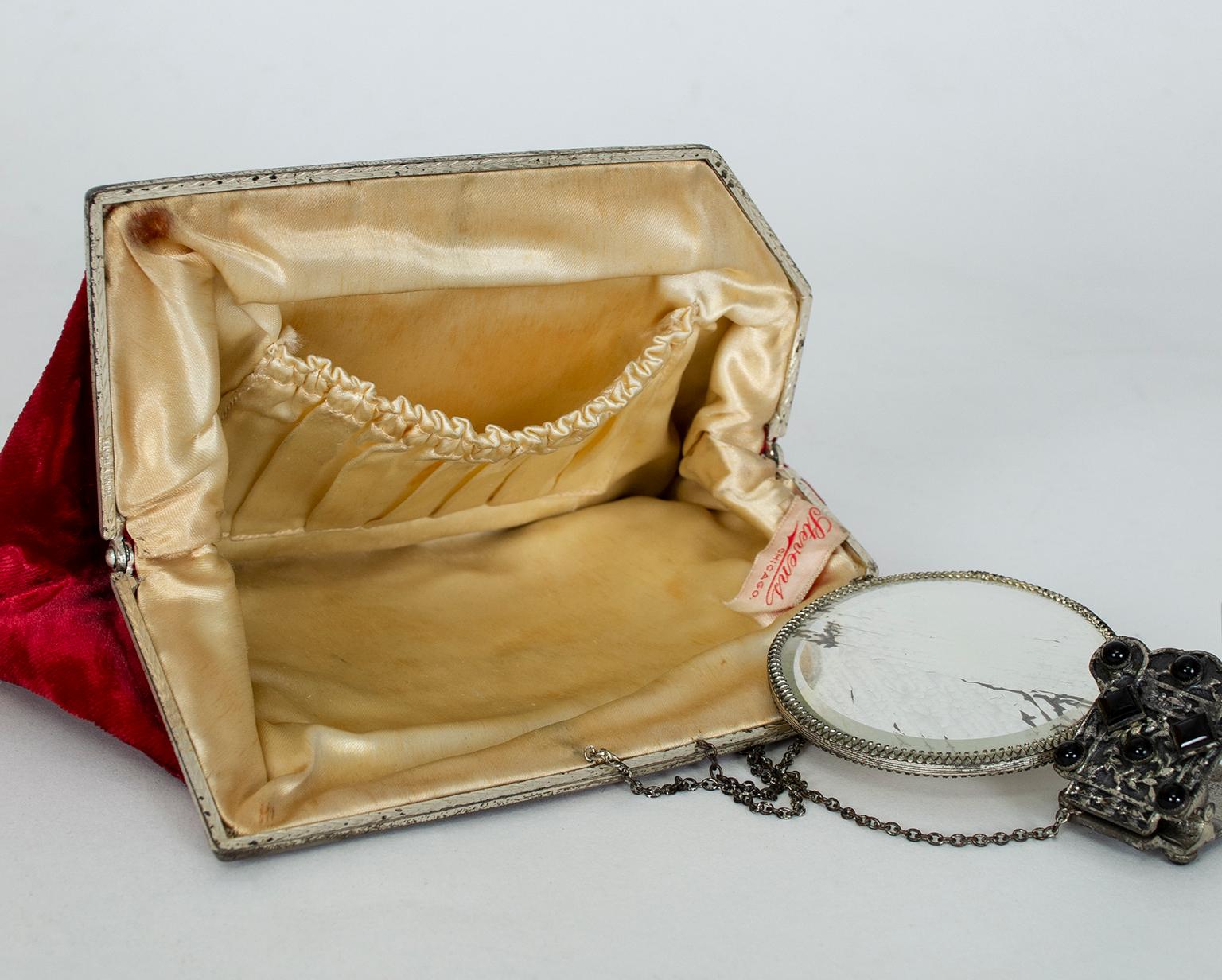 Red Velvet Evening Clutch with Onyx Closure and Chained Mirror, 1950s 4