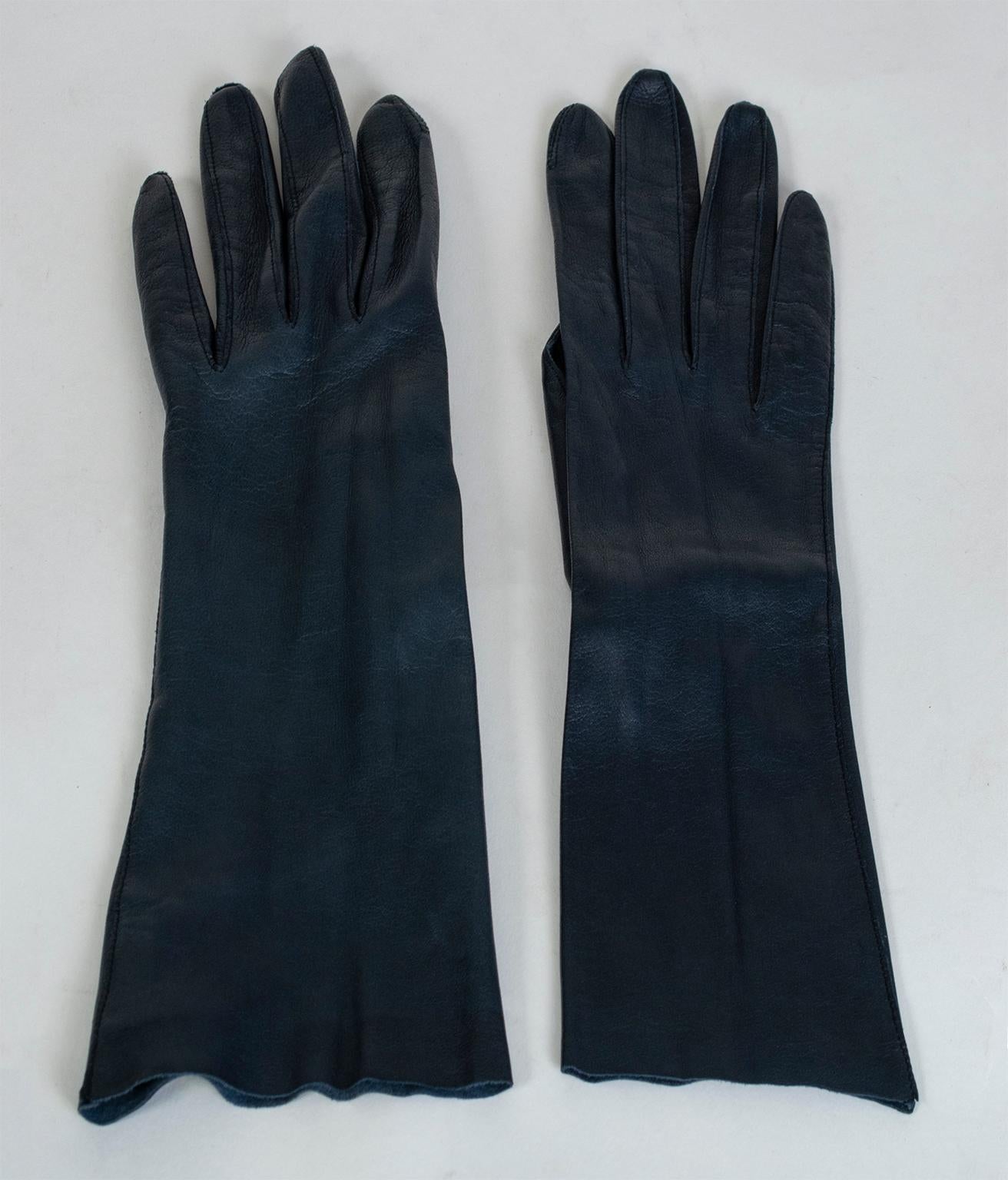 Marineblaue Kinderlederhandschuhe aus Ziegenleder - Extra klein, 1950er Jahre (Schwarz) im Angebot