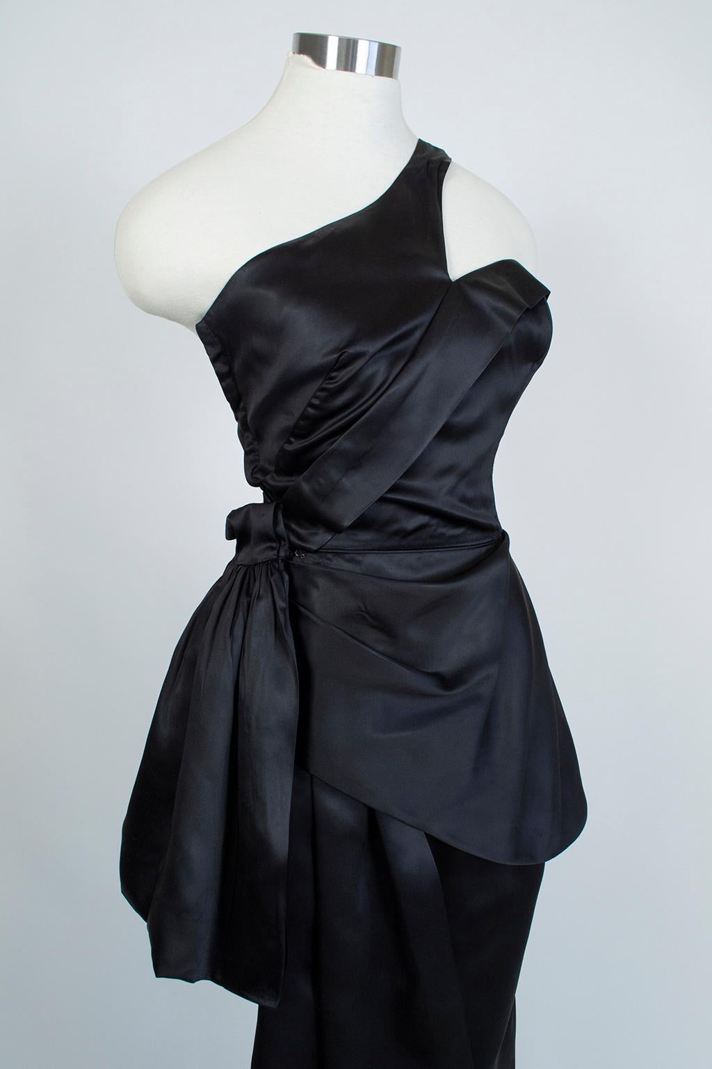 Black Satin Asymmetrical Mermaid Peplum Gown with Detachable Hip Sash- XS, 1950s In Good Condition In Tucson, AZ