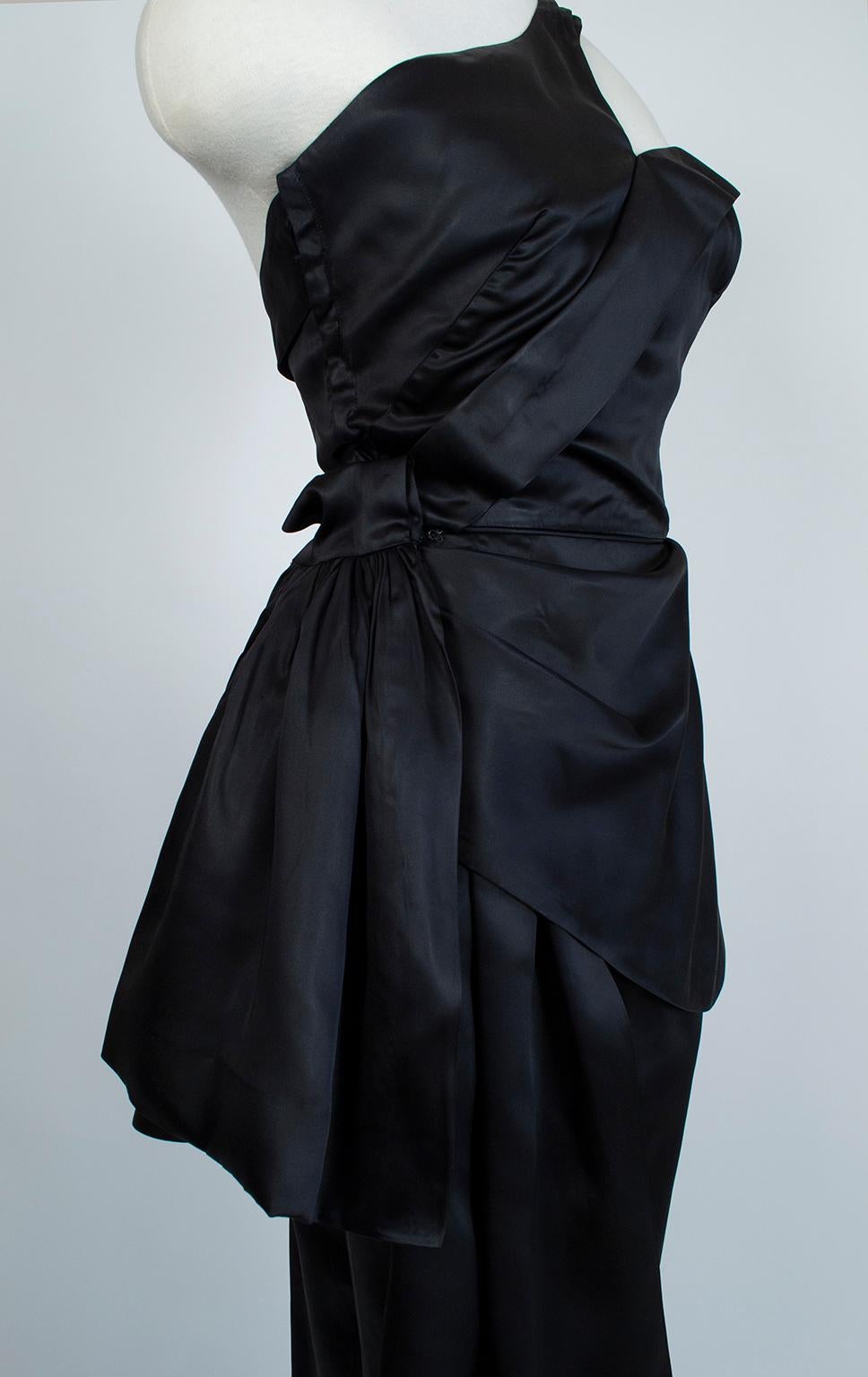 Black Satin Asymmetrical Mermaid Peplum Gown with Detachable Hip Sash- XS, 1950s 2
