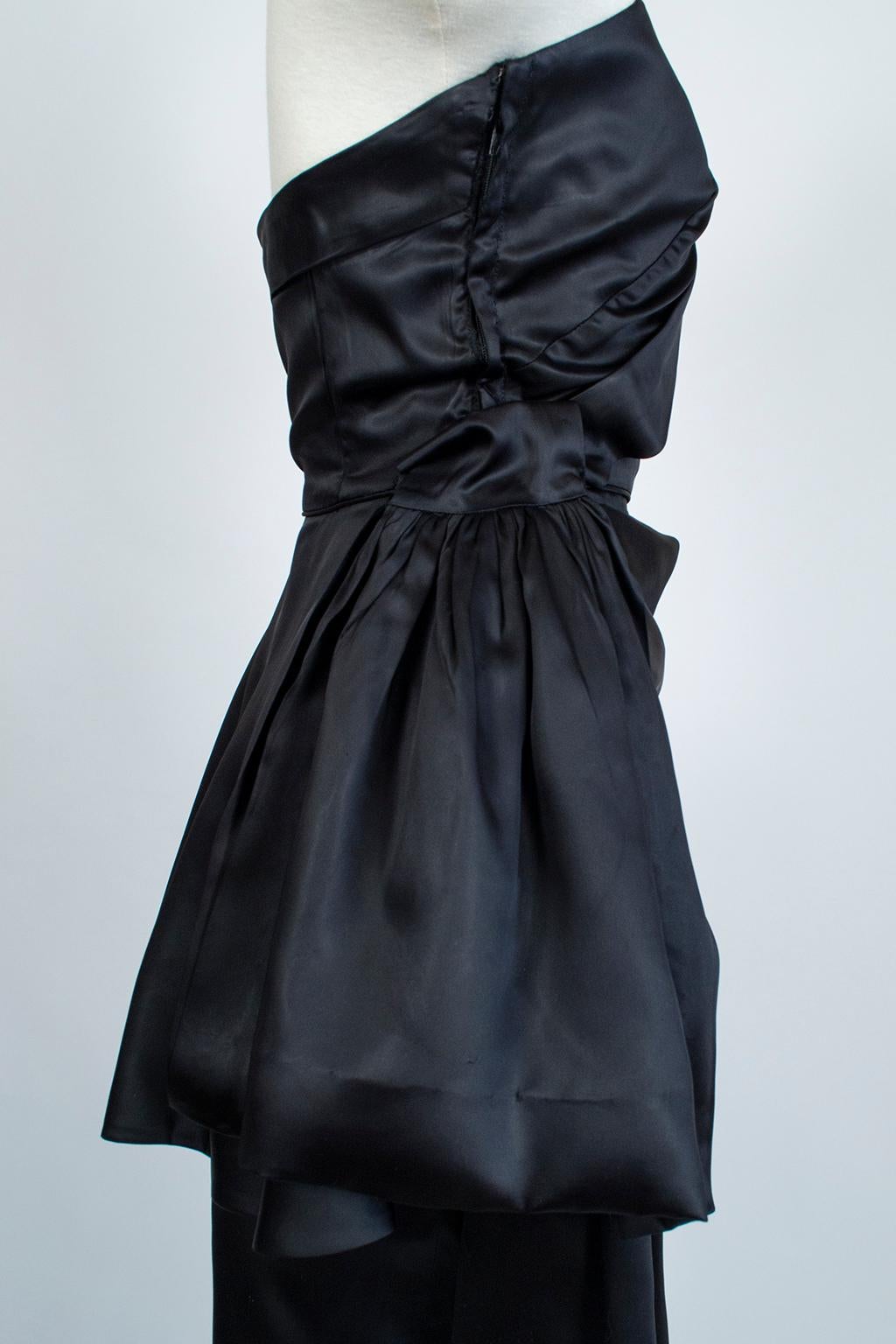 Black Satin Asymmetrical Mermaid Peplum Gown with Detachable Hip Sash- XS, 1950s 3