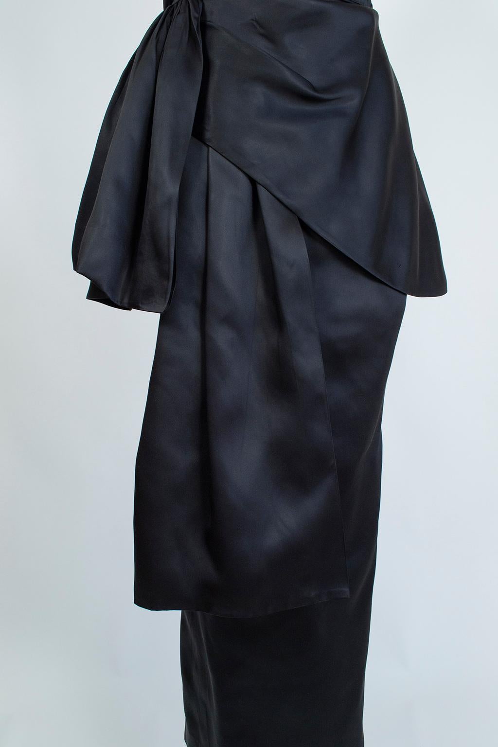 Black Satin Asymmetrical Mermaid Peplum Gown with Detachable Hip Sash- XS, 1950s 5