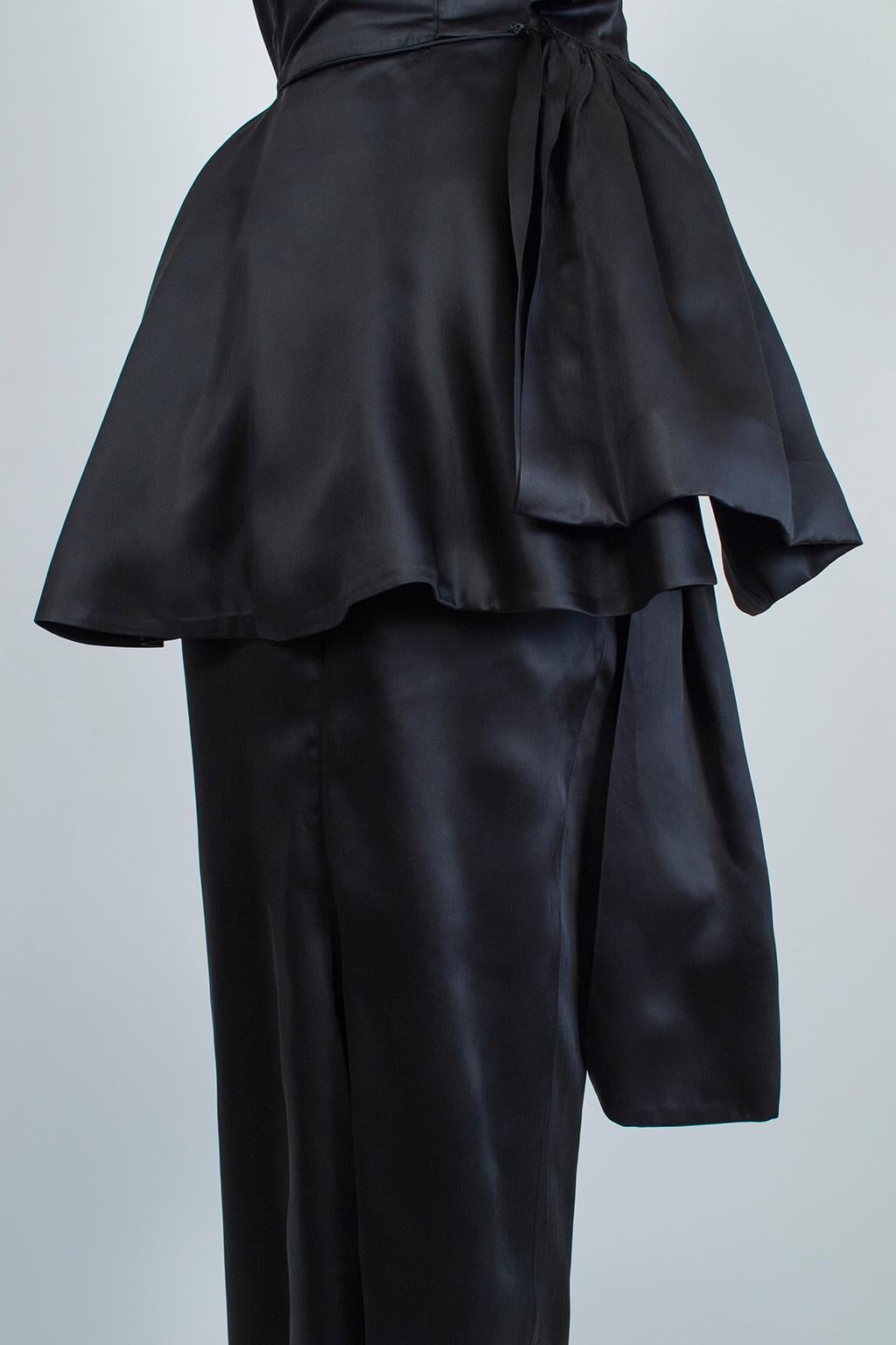Black Satin Asymmetrical Mermaid Peplum Gown with Detachable Hip Sash- XS, 1950s 4