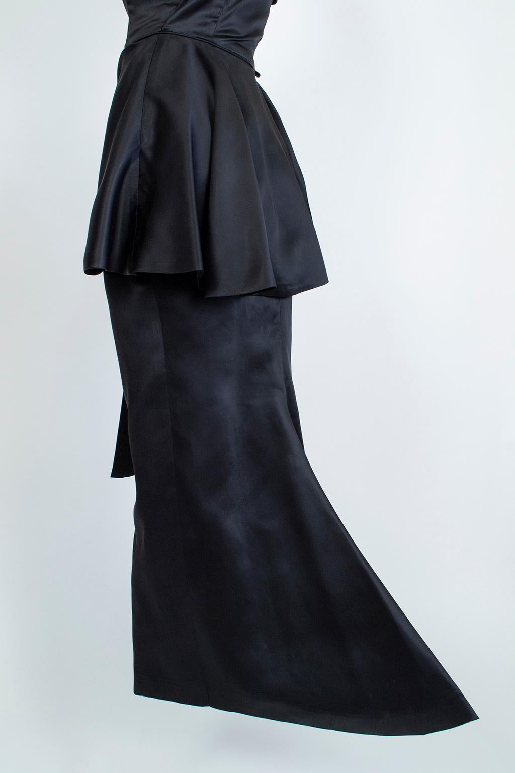 Black Satin Asymmetrical Mermaid Peplum Gown with Detachable Hip Sash- XS, 1950s 6