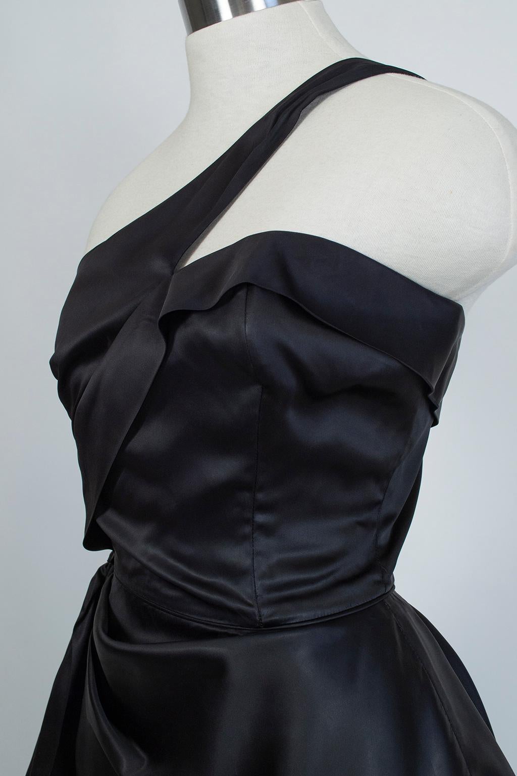 Women's Black Satin Asymmetrical Mermaid Peplum Gown with Detachable Hip Sash- XS, 1950s