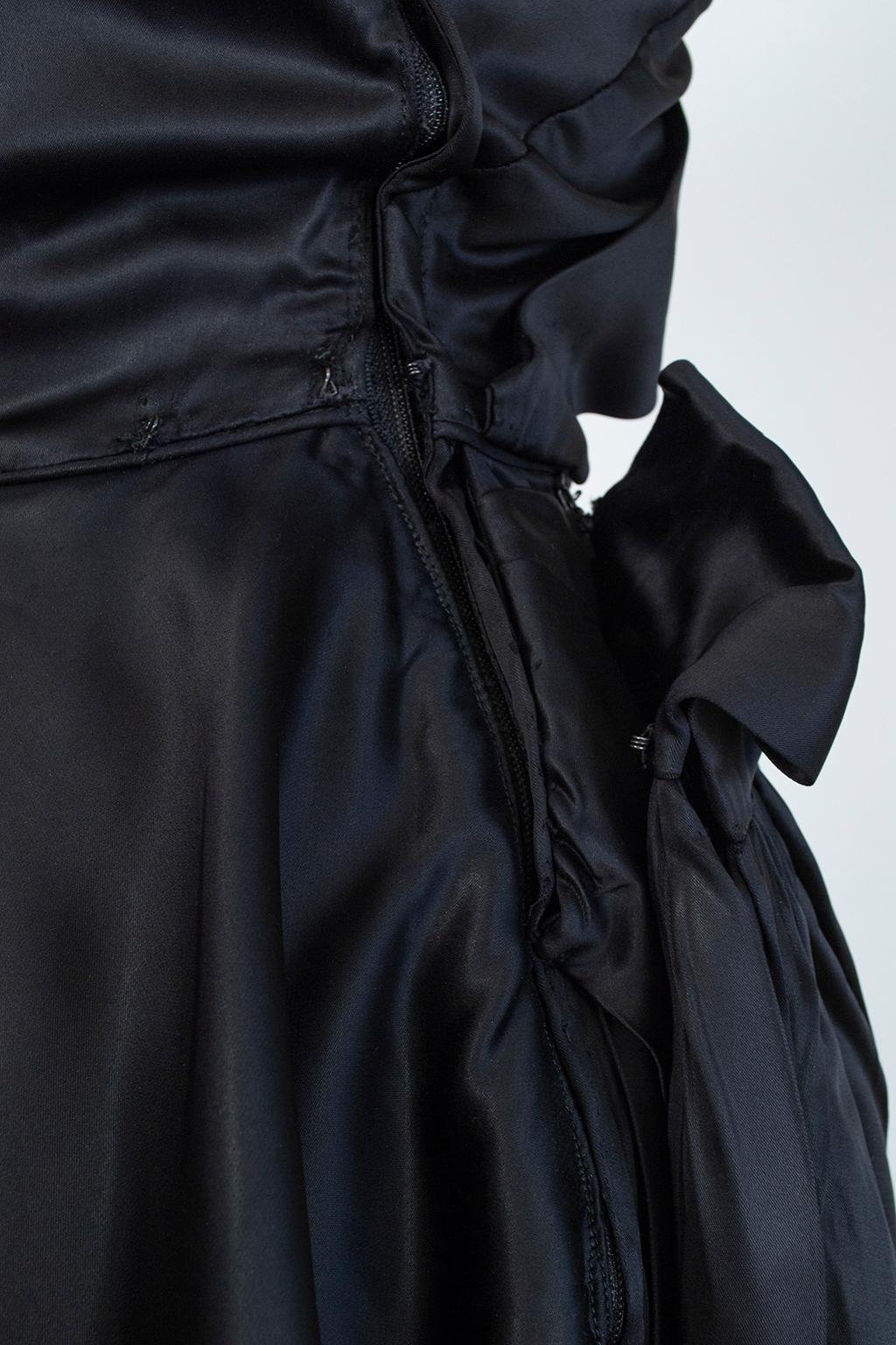 Black Satin Asymmetrical Mermaid Peplum Gown with Detachable Hip Sash- XS, 1950s 7
