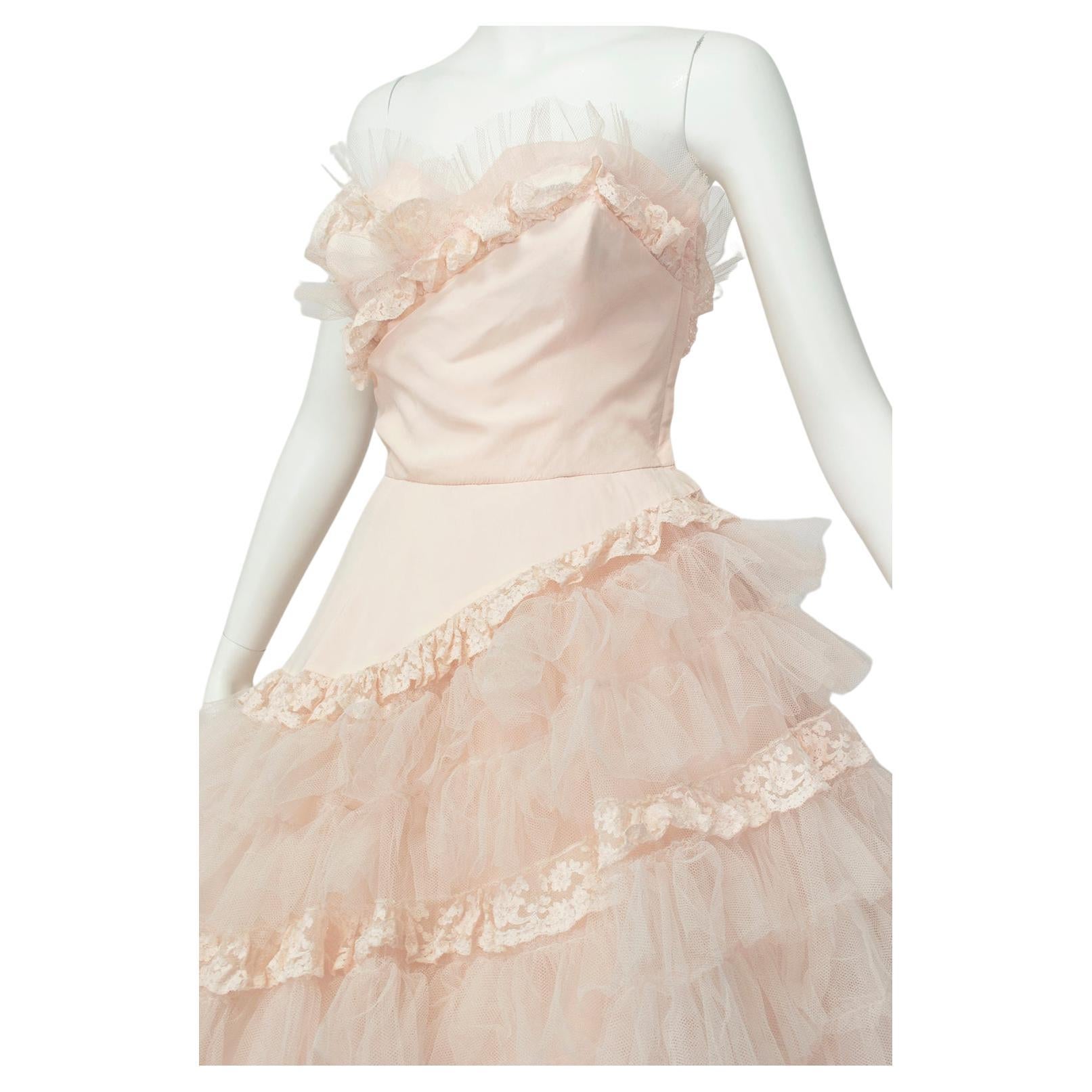Will Steinman Pink Strapless Asymmetrical Lace Wedding Ball Gown - Small, 1950s 1