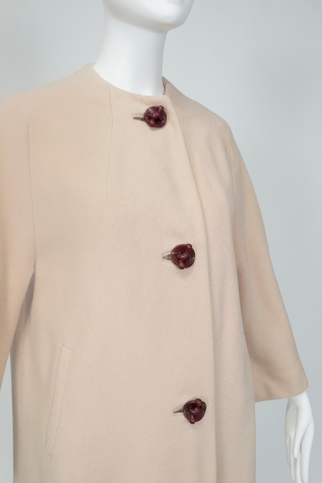Women's Collarless Taupe Cashmere A-Line Stroller Coat with Bakelite Buttons- S-M, 1960s For Sale