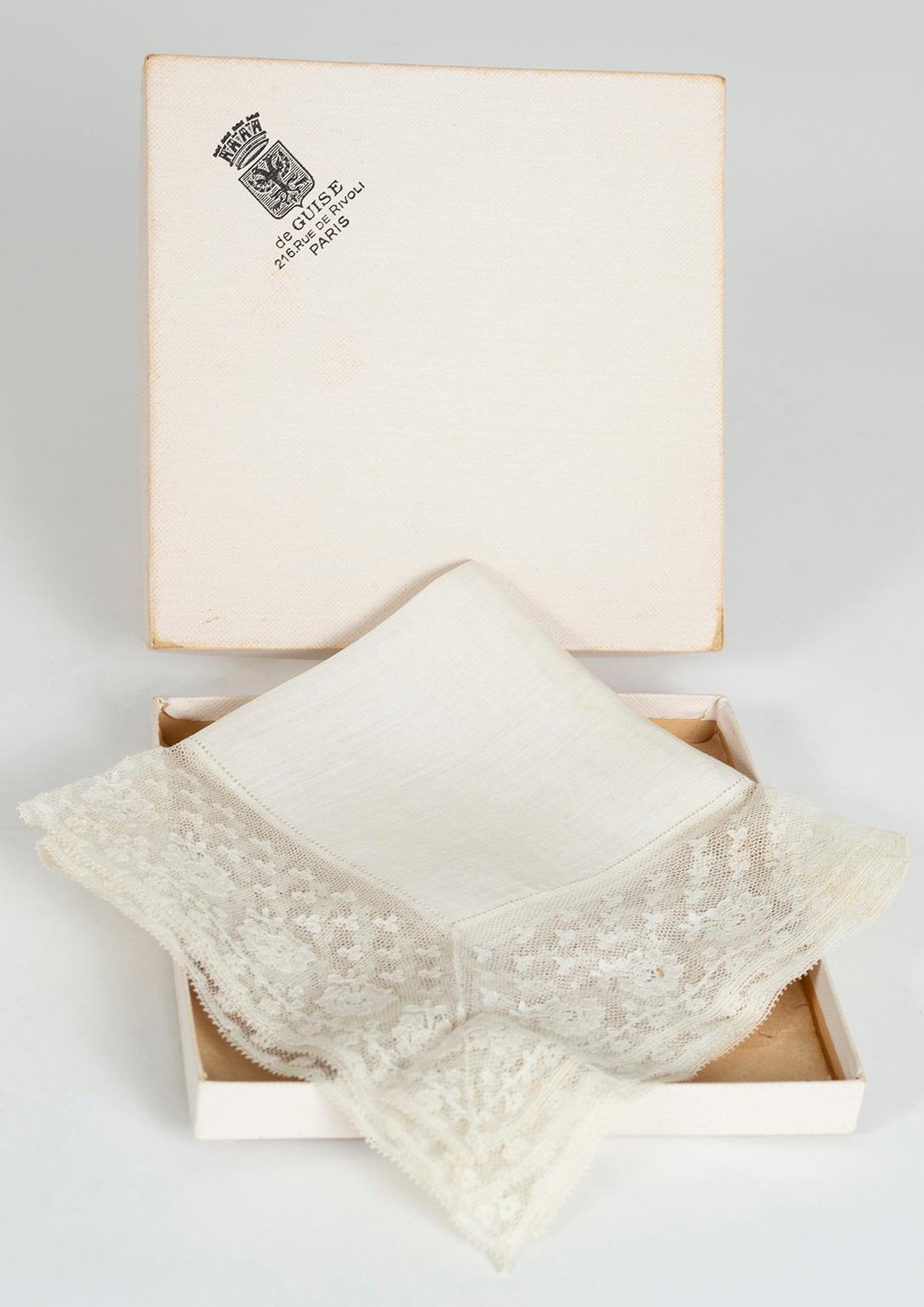 An affectionate memory of a bygone era, vintage handkerchiefs make heartfelt gifts appropriate for almost any occasion. This exceptional example was a gift from a member of the Nixon State Department to his French-Spanish wife in 1953.

Single linen