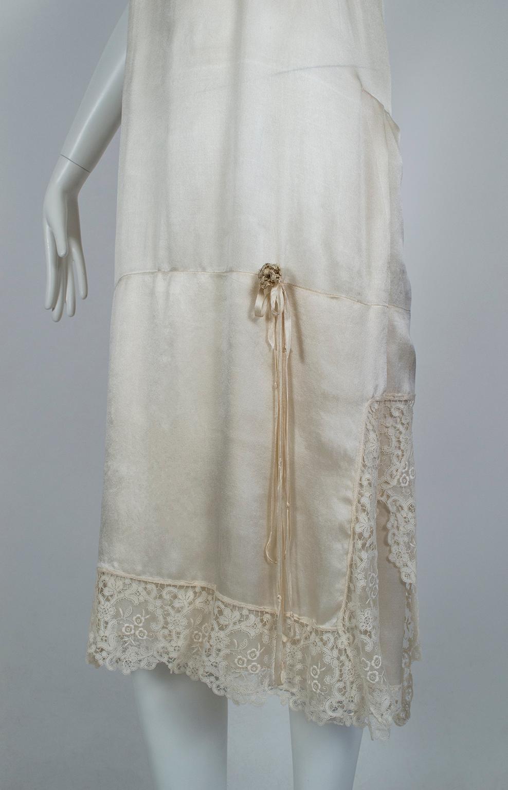 Edwardian Trousseau Ivory Charmeuse and Lace Tabard Chemisette Negligée-XS, 1924 3