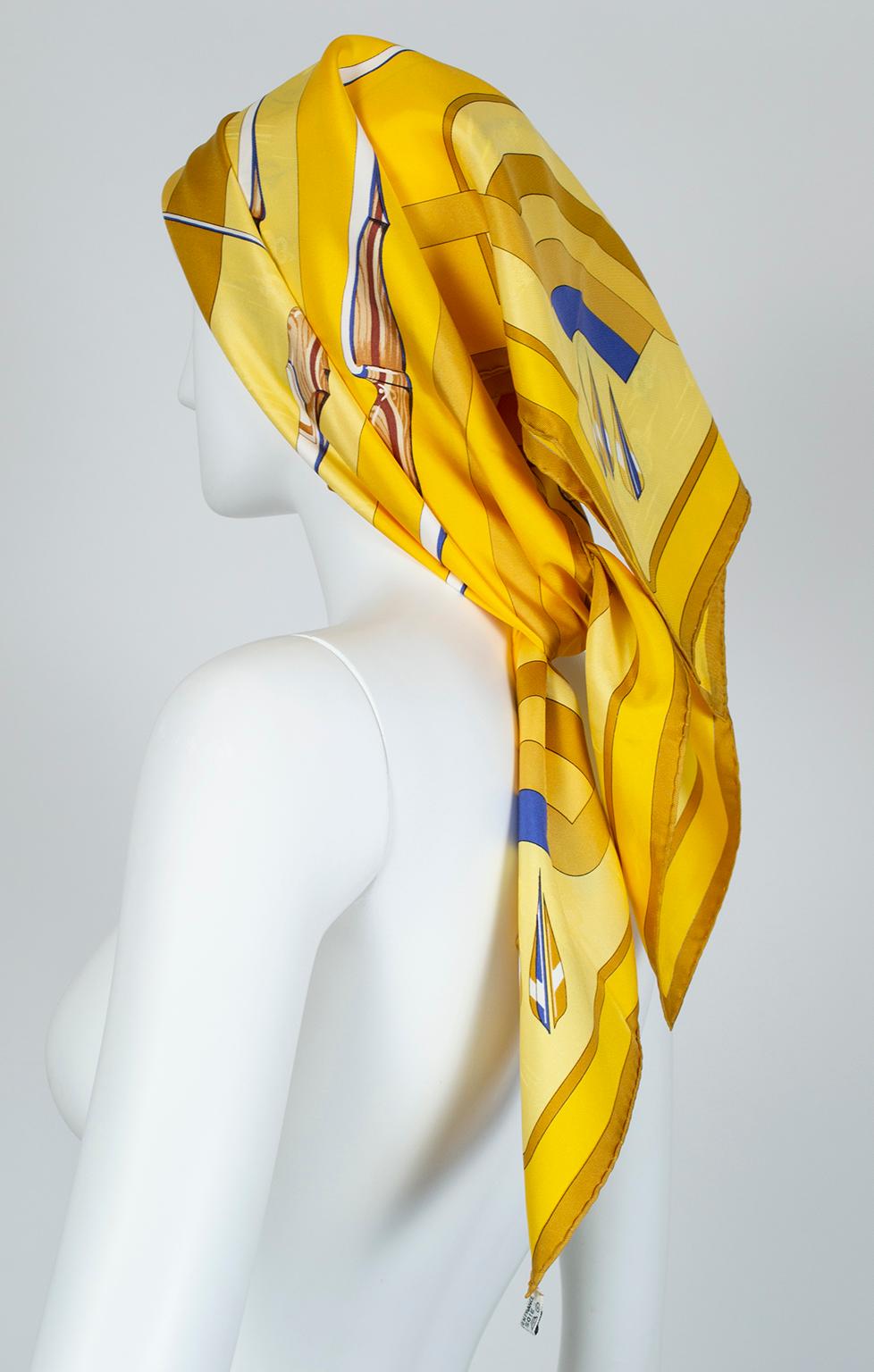 Hermès Yellow and French Blue Bullseye “Arcs en Ciel” Scarf – Julia Abadie, 1980 In Excellent Condition In Tucson, AZ