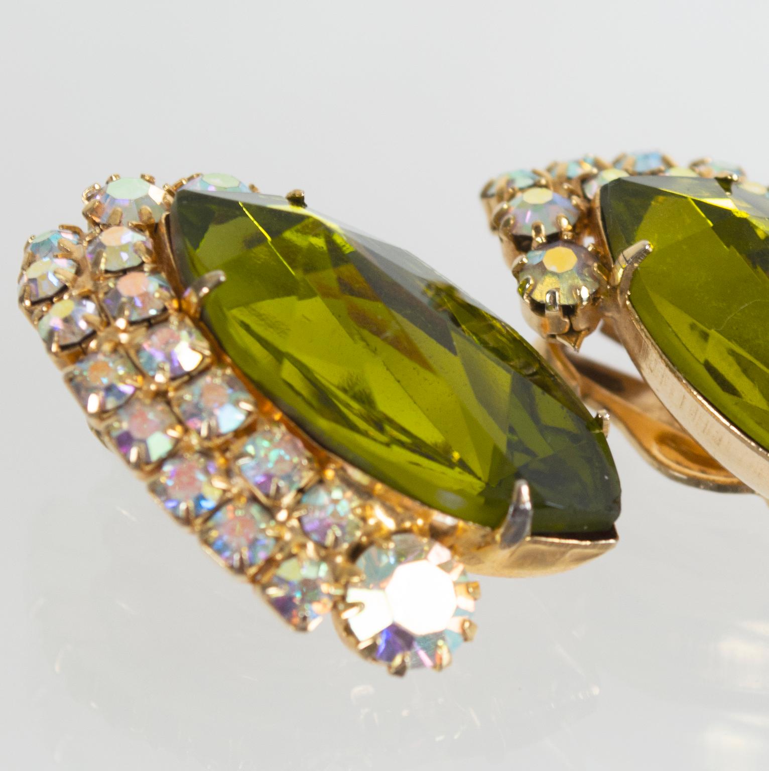 Post-War Oversize Green Tourmaline Marquis Crystal Earrings, 1960s