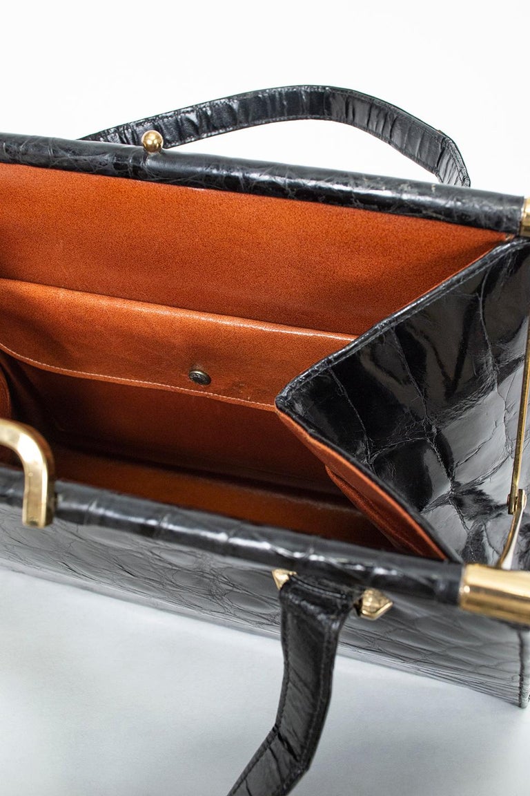 XL Black Gloss HardSided Geometric Alligator Handbag with Coin Purse