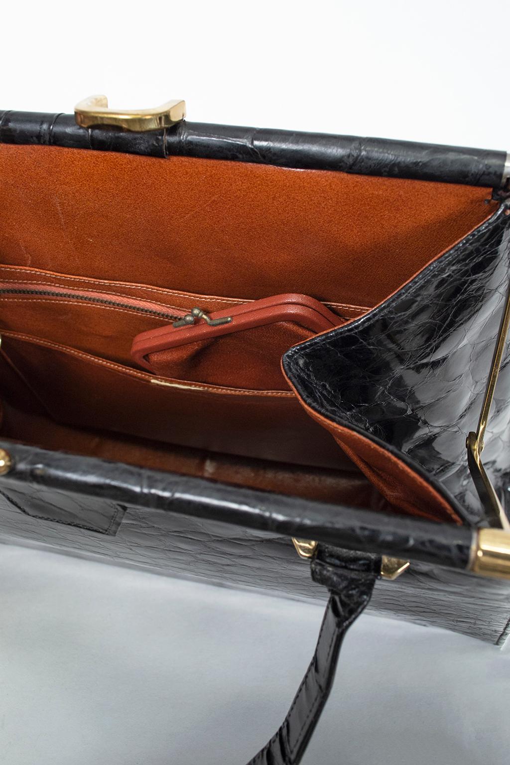 Women's XL Black Gloss Hard-Sided Geometric Alligator Handbag with Coin Purse, 1960s