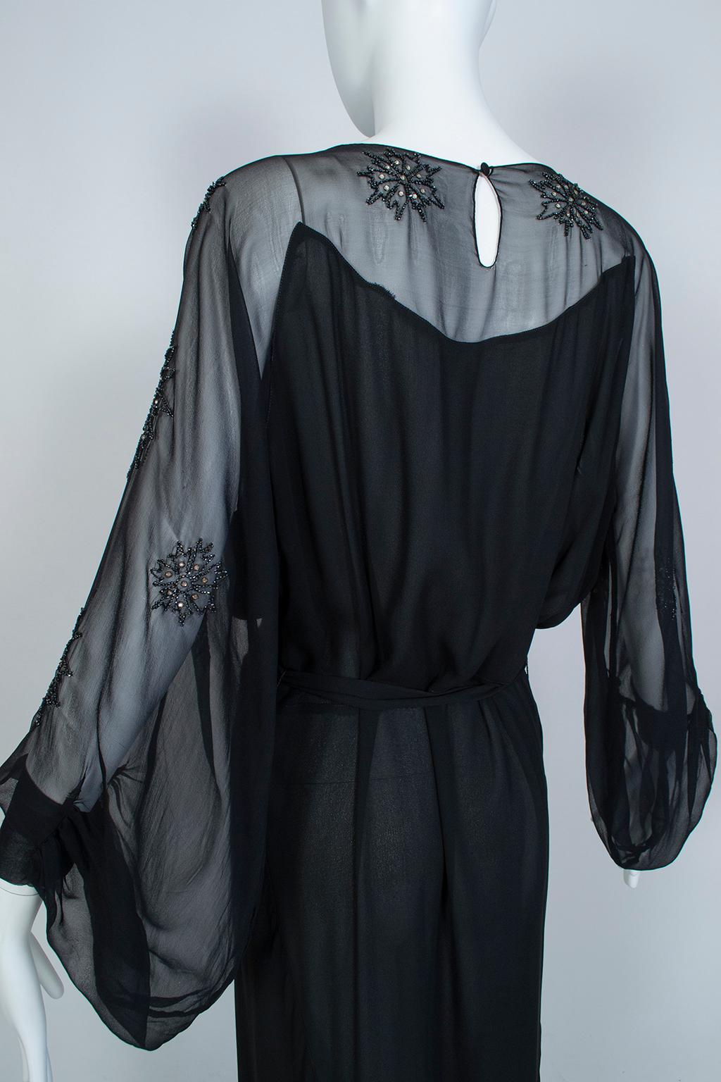 Women's Sheer Black Crystal Bead and Crêpe Illusion Gown with Bellows Sleeves - M, 1930s