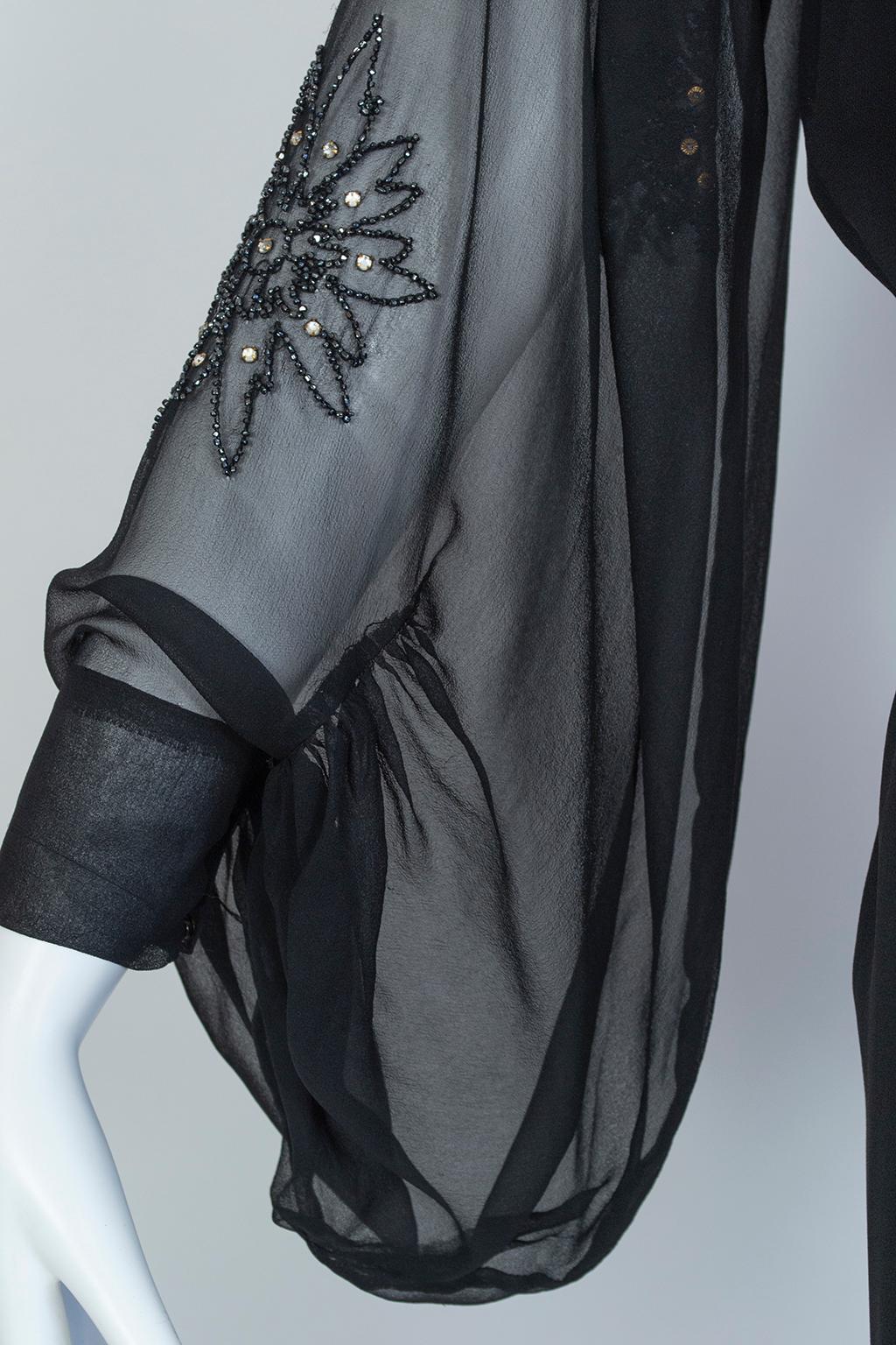 Sheer Black Crystal Bead and Crêpe Illusion Gown with Bellows Sleeves - M, 1930s 2