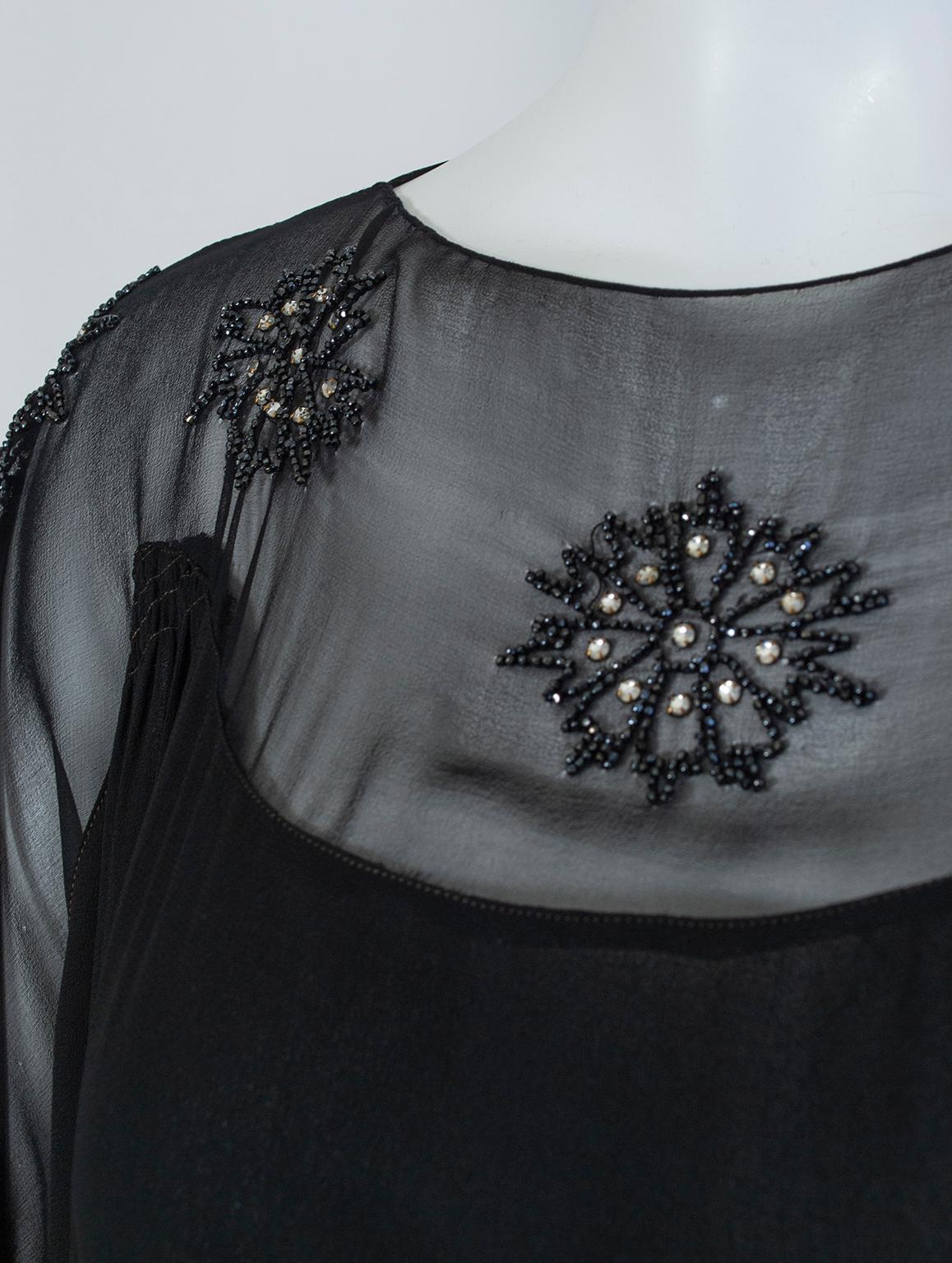 Sheer Black Crystal Bead and Crêpe Illusion Gown with Bellows Sleeves - M, 1930s 4