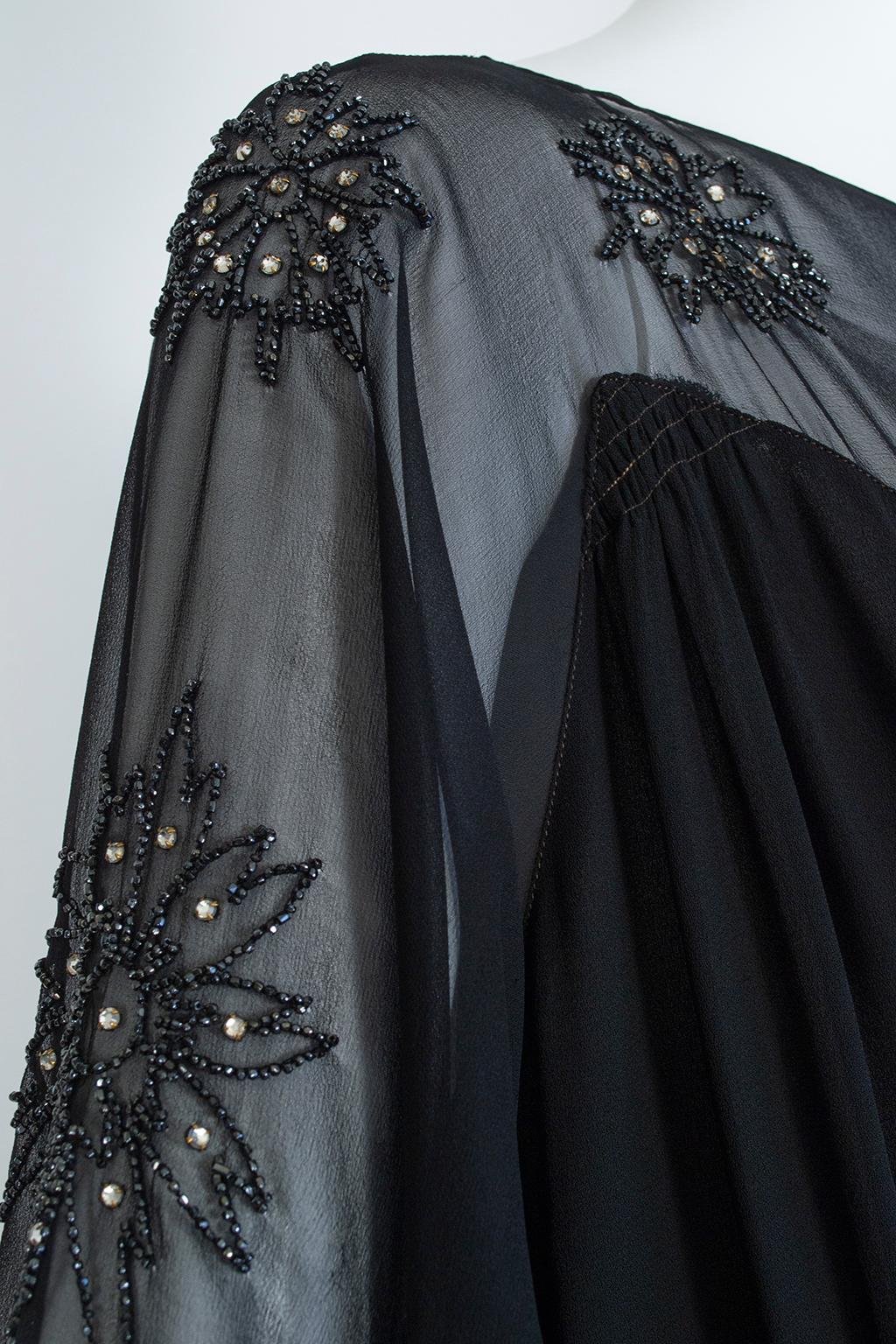 Sheer Black Crystal Bead and Crêpe Illusion Gown with Bellows Sleeves - M, 1930s 3
