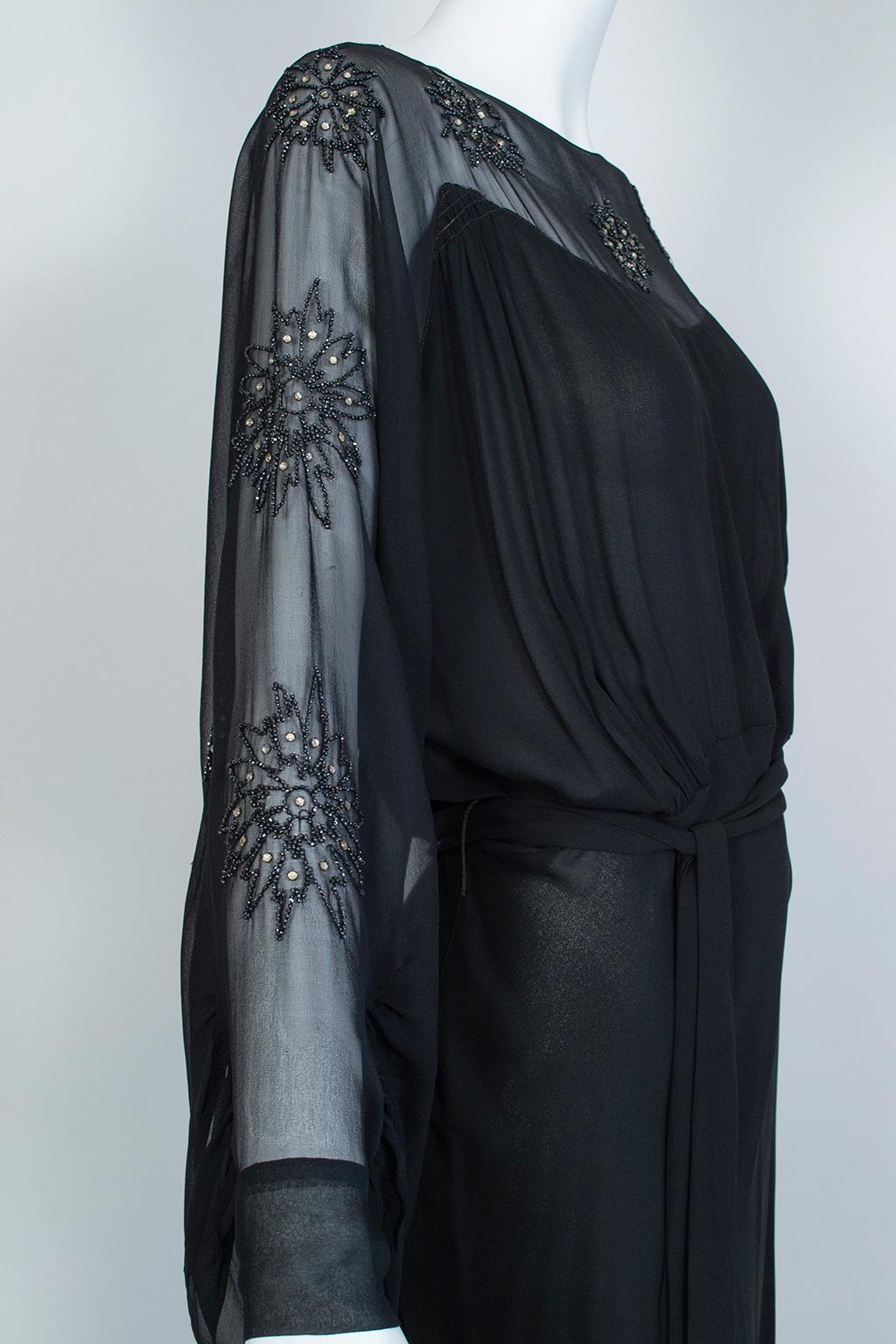 Sheer Black Crystal Bead and Crêpe Illusion Gown with Bellows Sleeves - M, 1930s In Good Condition In Tucson, AZ