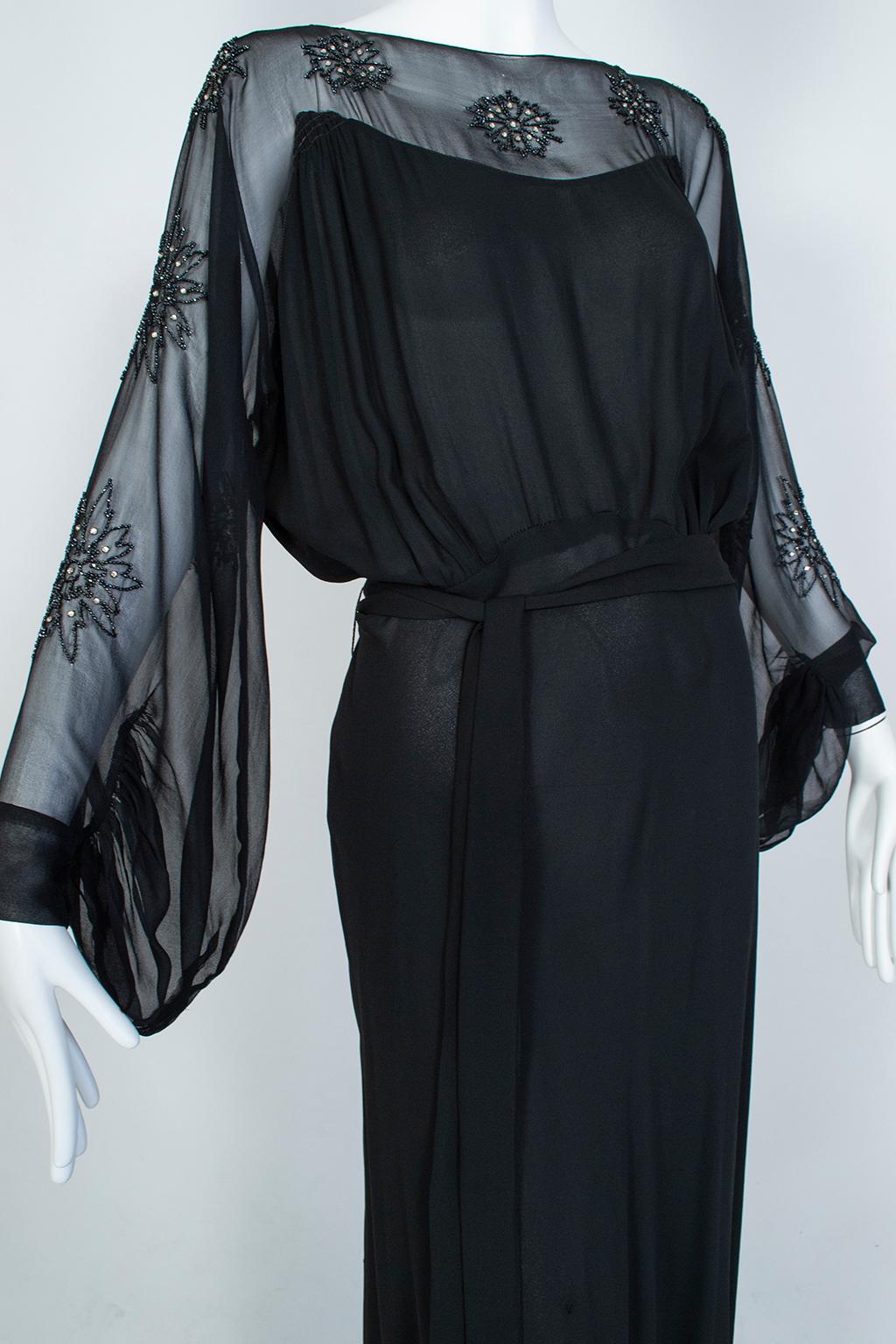 Sheer Black Crystal Bead and Crêpe Illusion Gown with Bellows Sleeves - M, 1930s 7