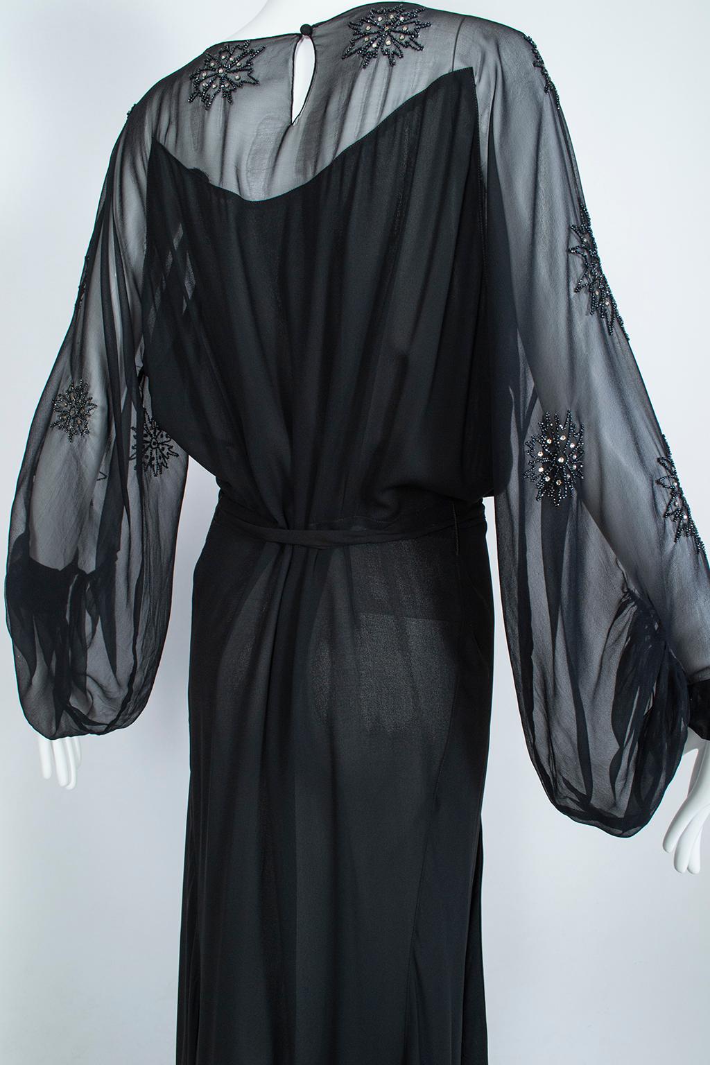 Sheer Black Crystal Bead and Crêpe Illusion Gown with Bellows Sleeves - M, 1930s 8