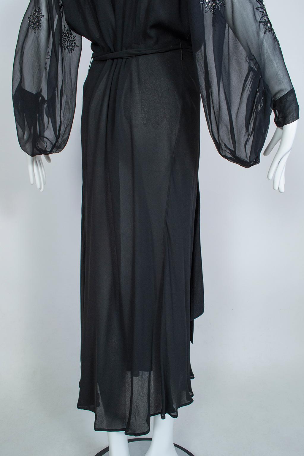 Sheer Black Crystal Bead and Crêpe Illusion Gown with Bellows Sleeves - M, 1930s 10