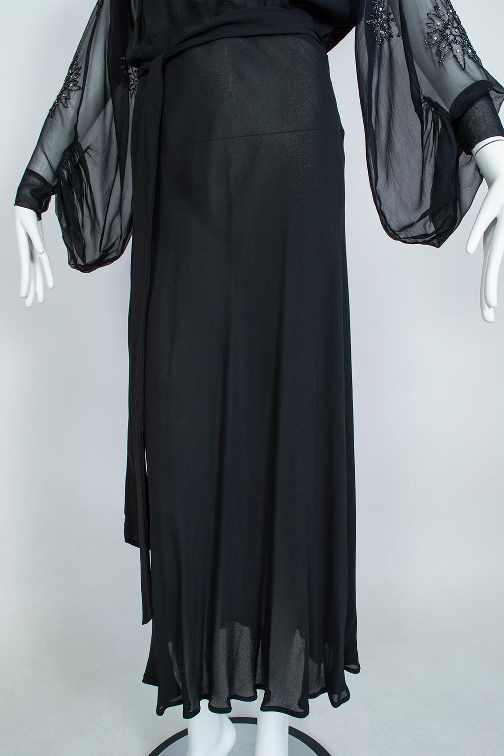 Sheer Black Crystal Bead and Crêpe Illusion Gown with Bellows Sleeves - M, 1930s 9