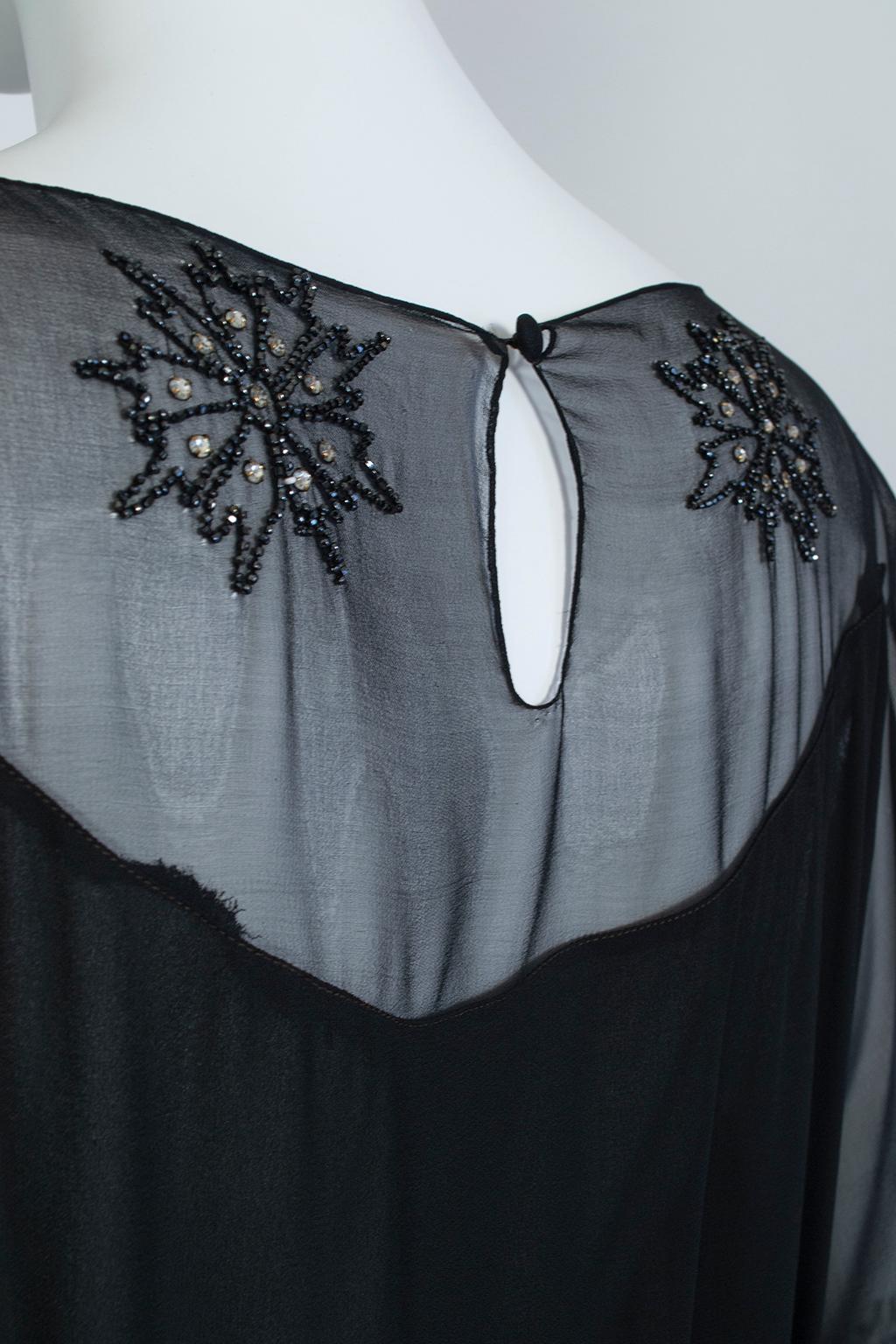 Sheer Black Crystal Bead and Crêpe Illusion Gown with Bellows Sleeves - M, 1930s 5