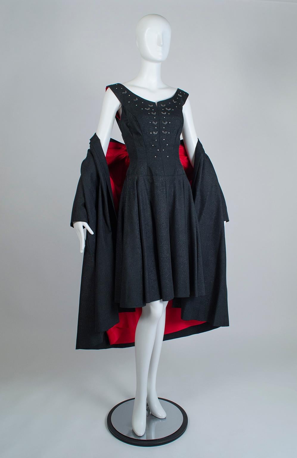 Black Silk Moiré Jeweled Tea Dress and Red-Lined Opera Coat Ensemble - XS, 1950s For Sale 6