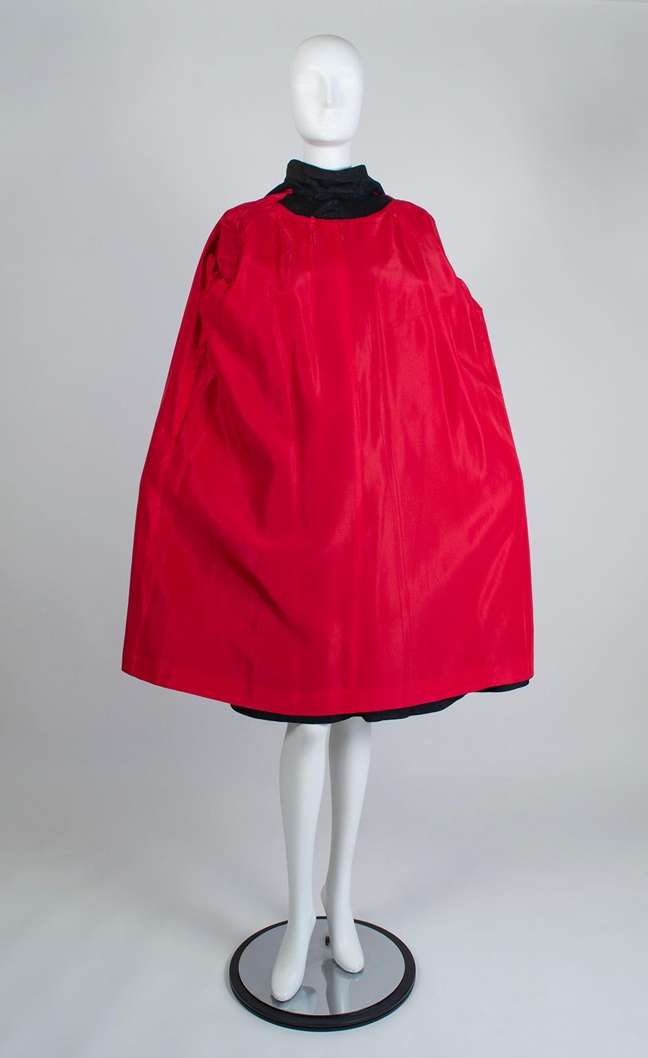 Black Silk Moiré Jeweled Tea Dress and Red-Lined Opera Coat Ensemble - XS, 1950s For Sale 12