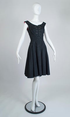 Black Silk Moiré Jeweled Tea Dress and Red-Lined Opera Coat Ensemble - XS, 1950s