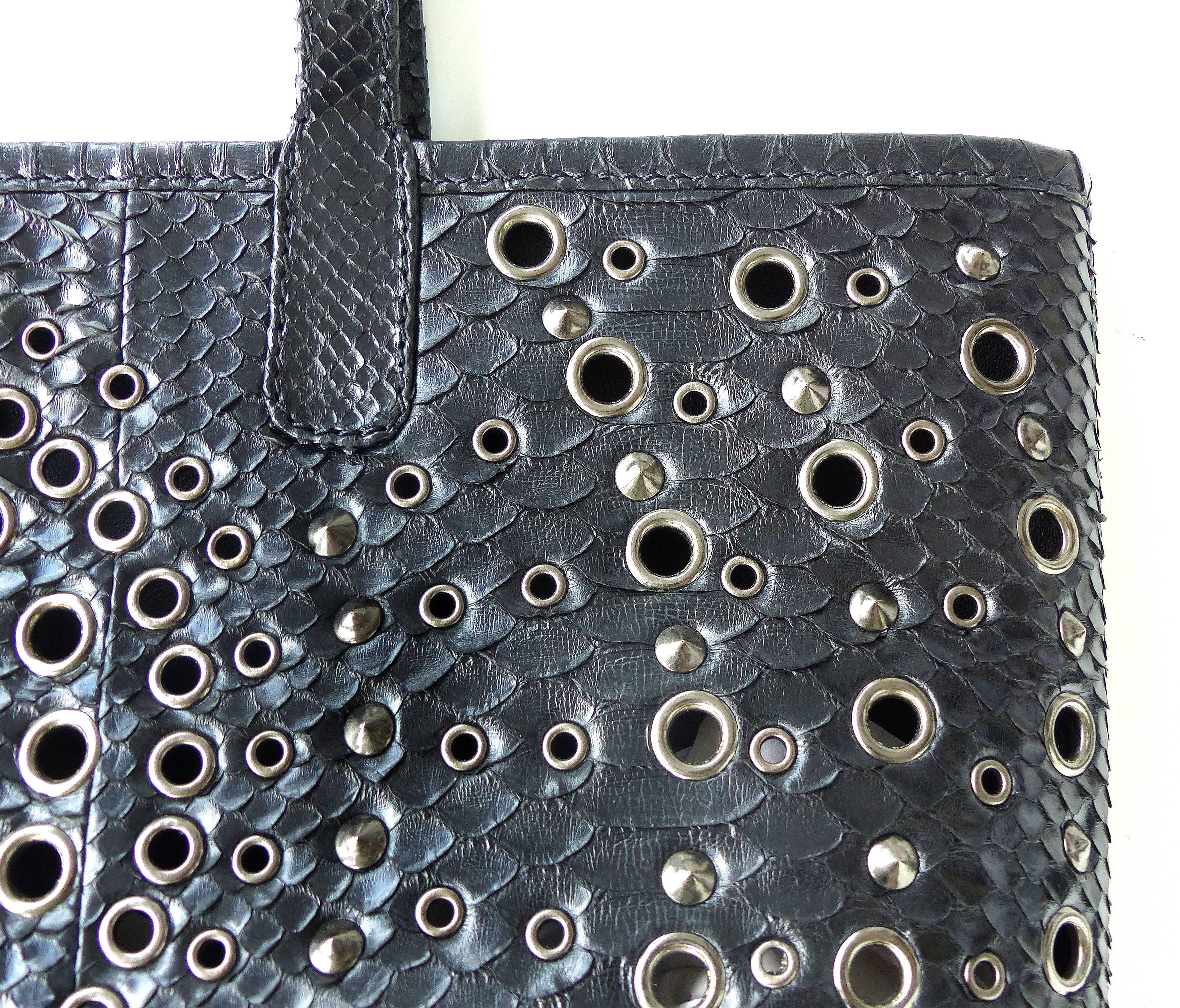 Black Rock Python Perforated and Studded Tote by Glen Arthur Designs for GabBag For Sale 1