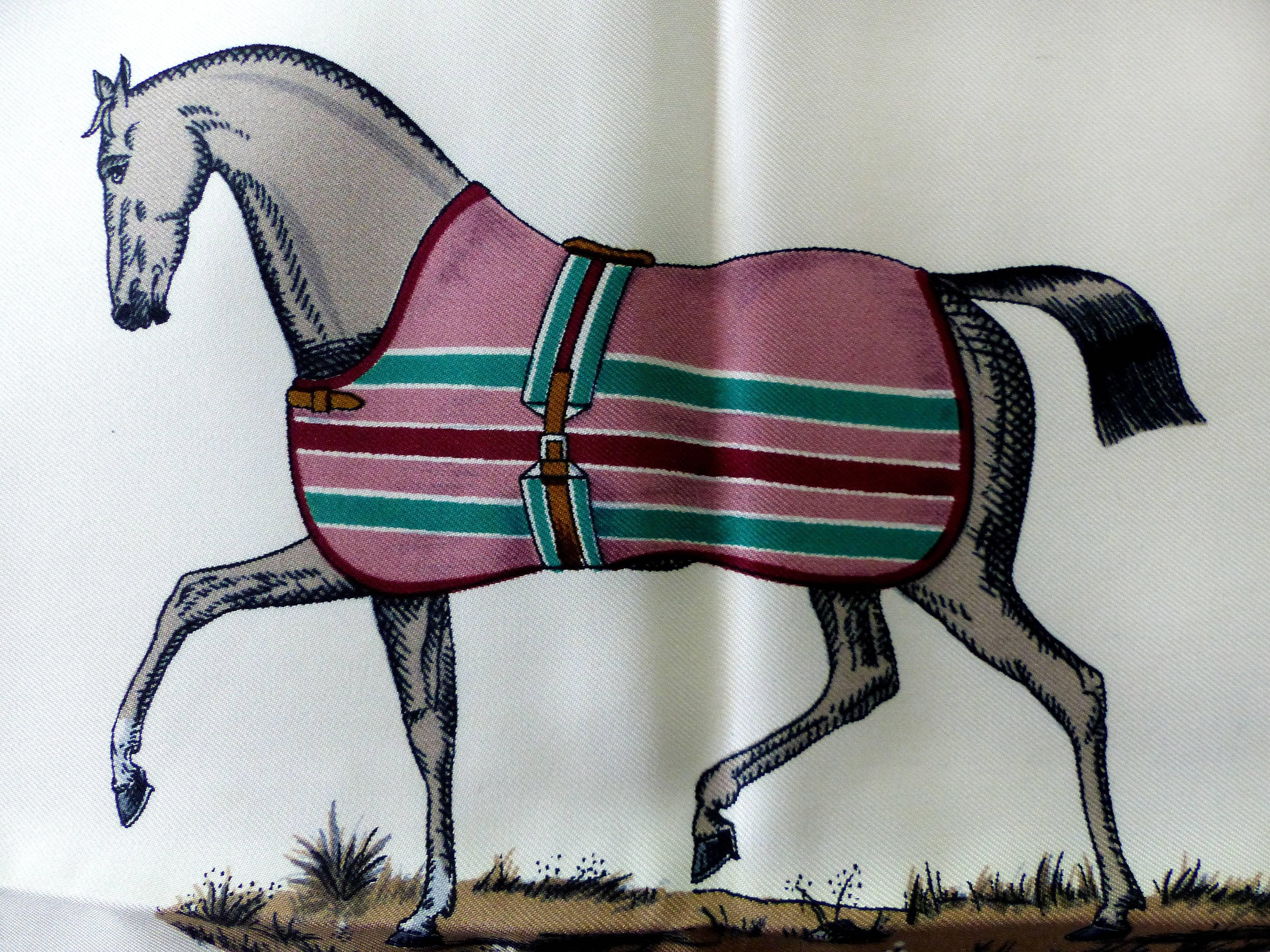 Beige Vintage Jacques Eudel Equine Hermes Scarf Titled Couvertures et Tenues de Jour For Sale