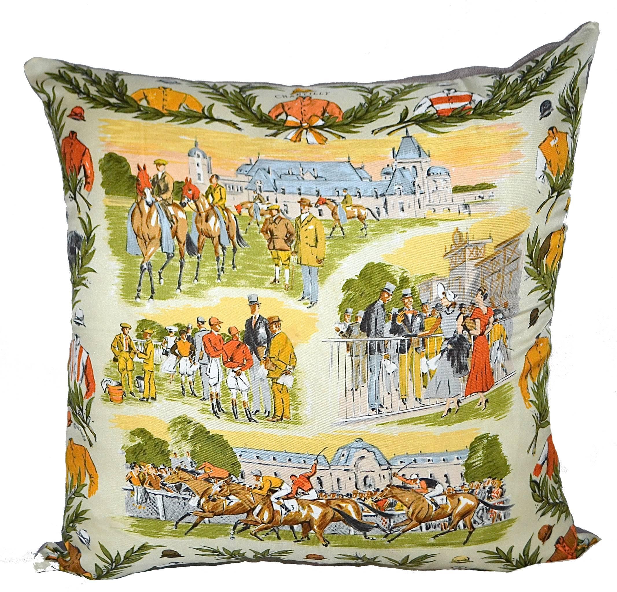 Guaranteed authentic HERMES Pre-owned Vintage silk scarf Newly custom Fabricated pillow. Satin, custom-made pillow interior.
Designed by Maurice Taquoy 
Design "Chantilly" 
Shades of Green & Gold.
Stitched edging and hidden