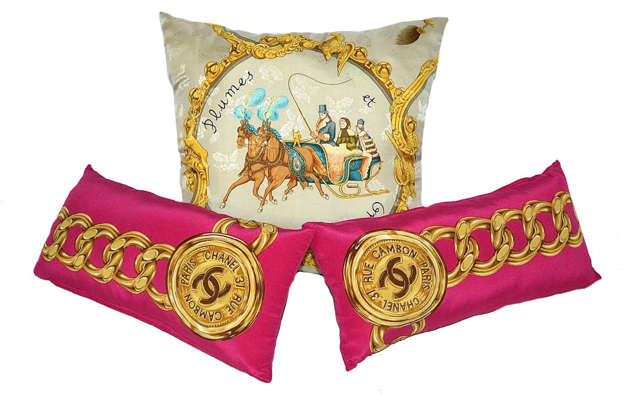 Made exclusively for iwatchjapan by Rita-Mari Couture. This elegant Hermes & Chanel scarf pillow set uses the highest quality items. This piece is entirely made in Japan and manufactured in an artisanal way, in which every step of the process is