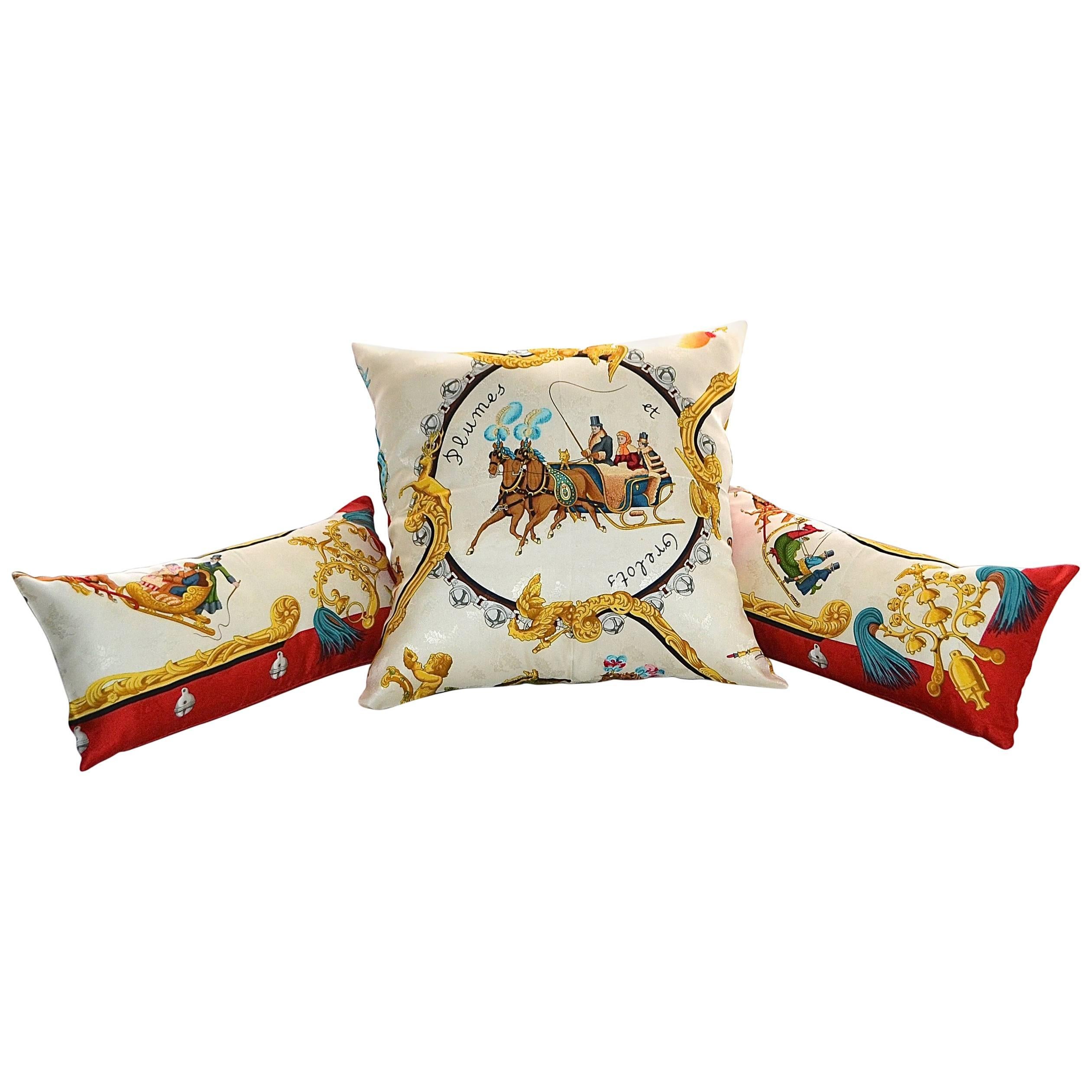 Vintage ‎Hermès Silk Scarf 3 Pillow Set "Plumes et Grelots" iwj4427-1 For Sale