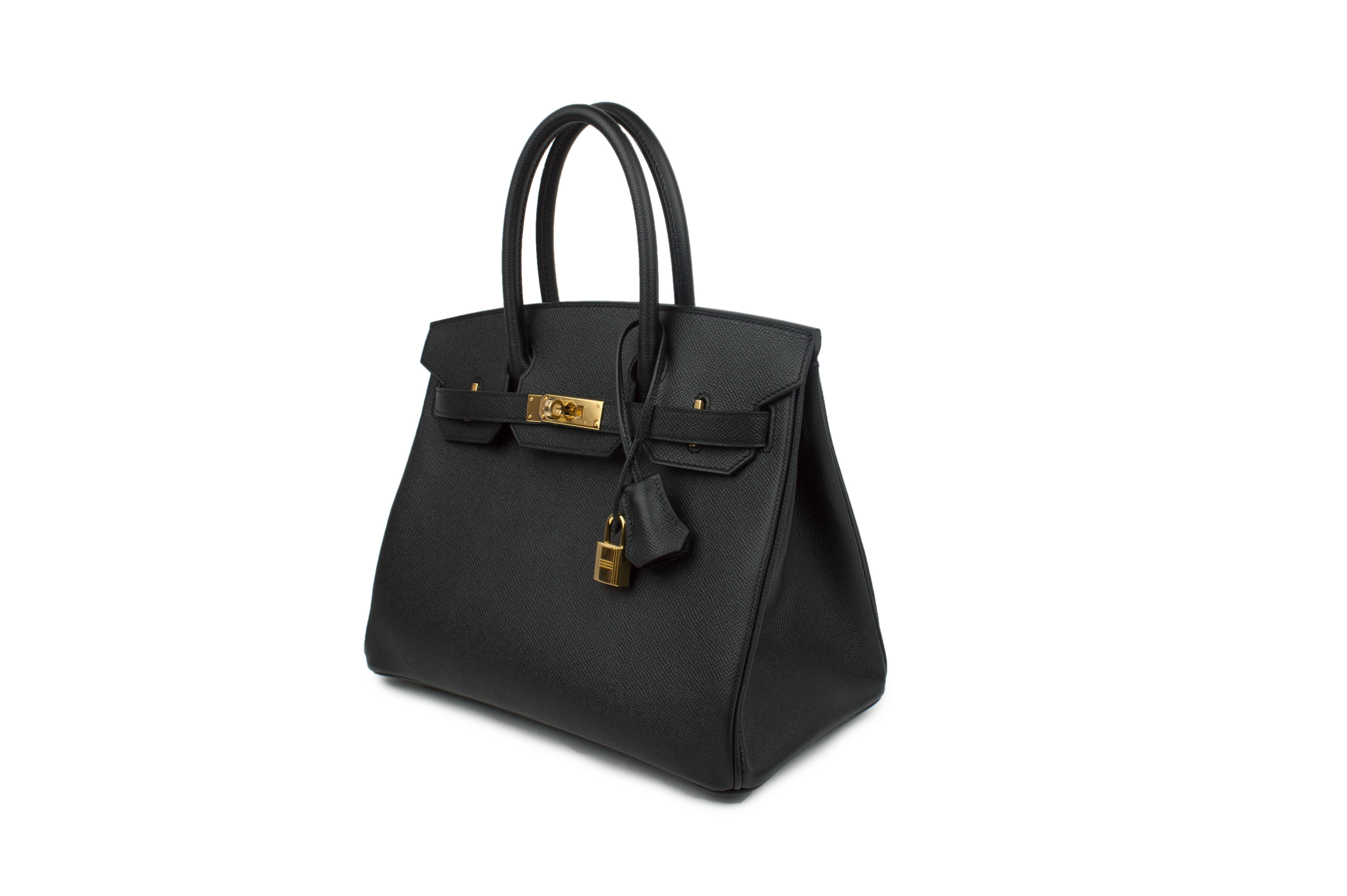 Become an owner of perfect solid hard calfskin Hermes Birkin 30 Black Epsom Gold Hardware Stamp A (2017) purse. As the most demanded fashion bag in the world it helps you pay attention to wherever you go. This product is made of smooth well-known