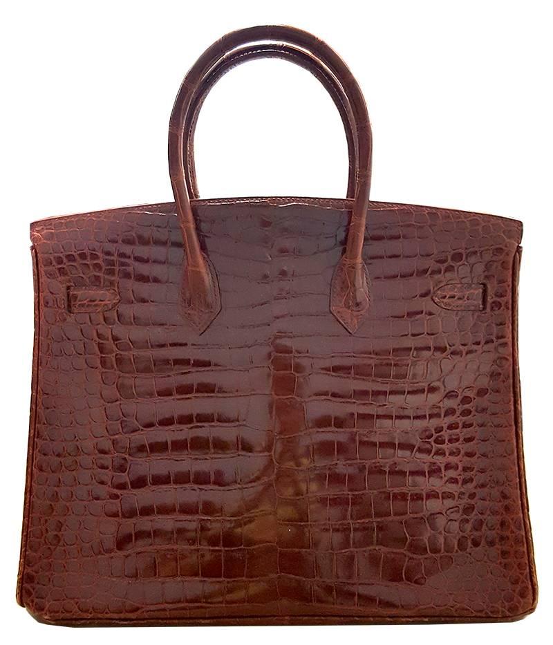 HERMES 35cm Porosos Krokodil Birkin-Tasche Bourgogne (Braun) im Angebot