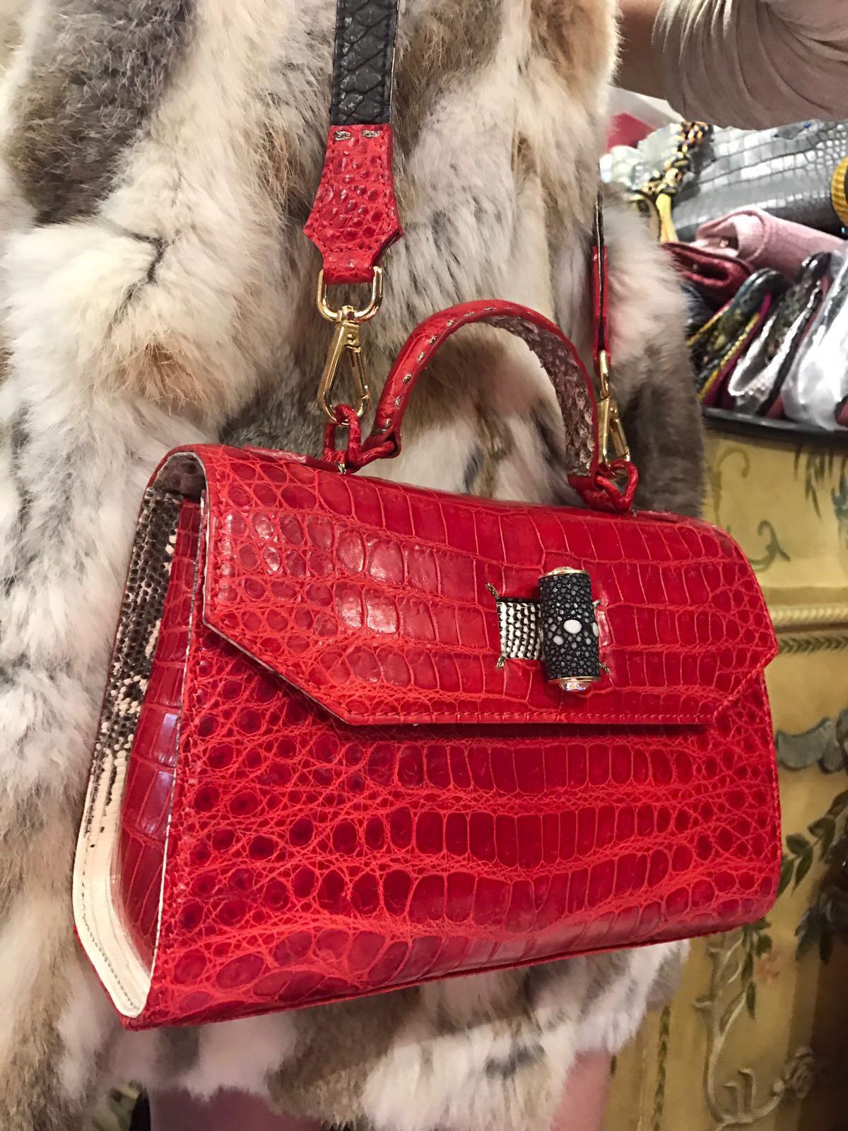 Crocodile Handle Bag in Red with Blue Laser Cuttings on Side  In New Condition For Sale In Lugano, CH