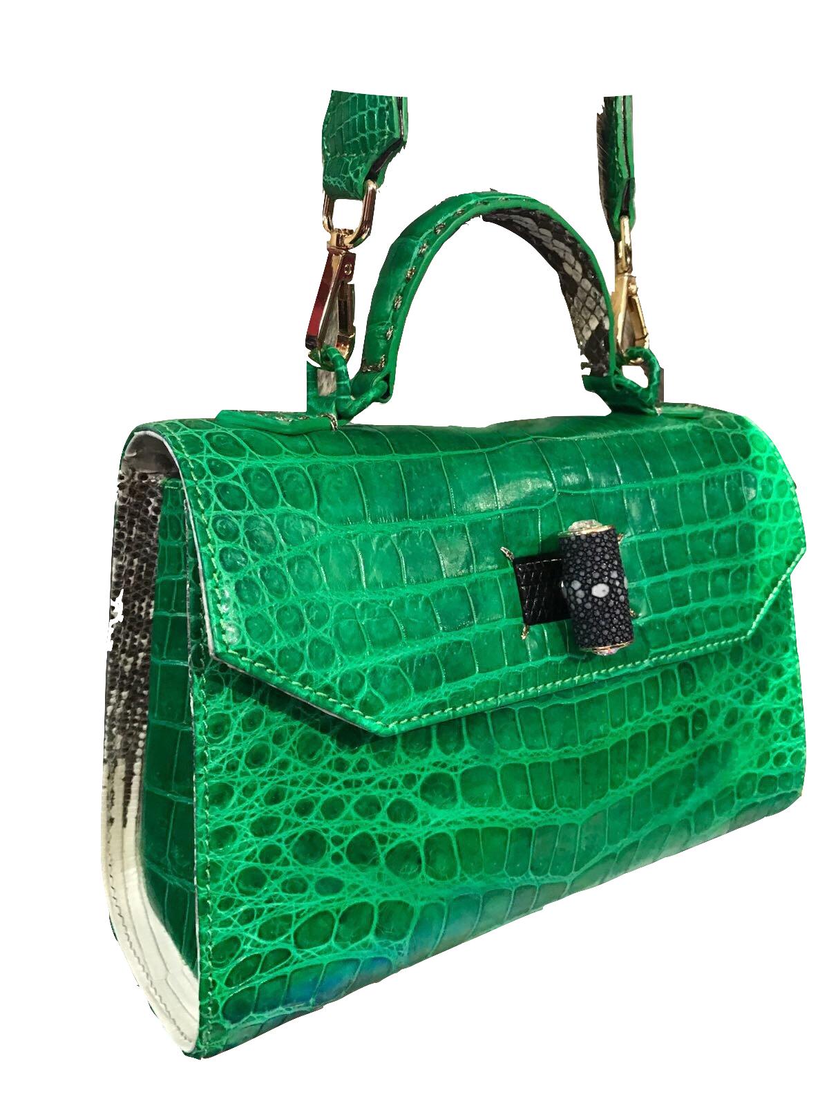 Crocodile Handle Bag in Red with Blue Laser Cuttings on Side  For Sale 3