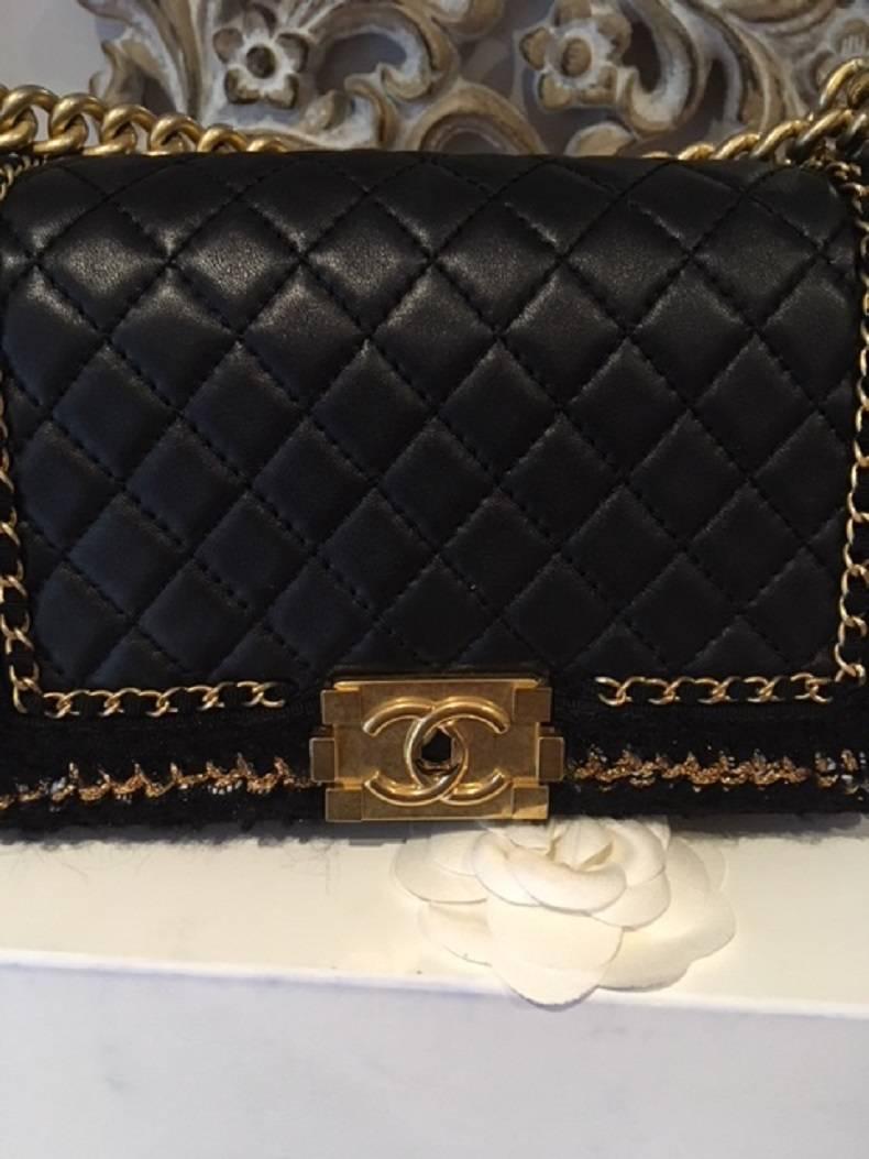 Women's Chanel Medium Black Lambskin Tweed boy Bag  For Sale