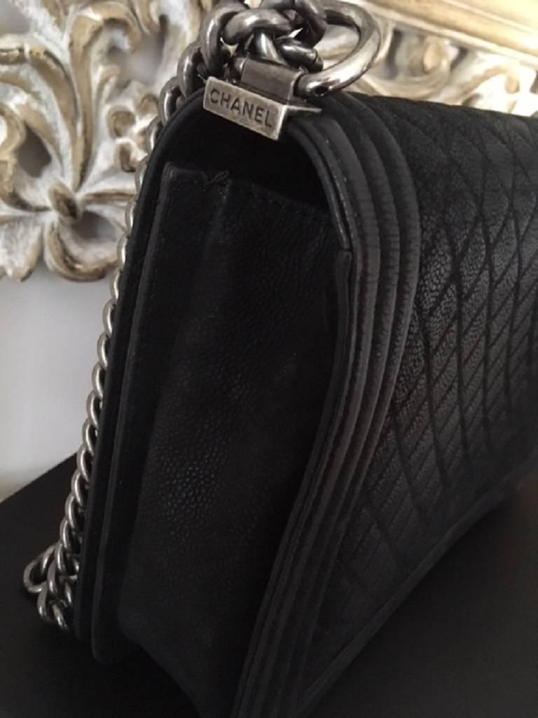 Black Chanel Large Boy Bag in Quilted Caviar SUEDE Leather  For Sale
